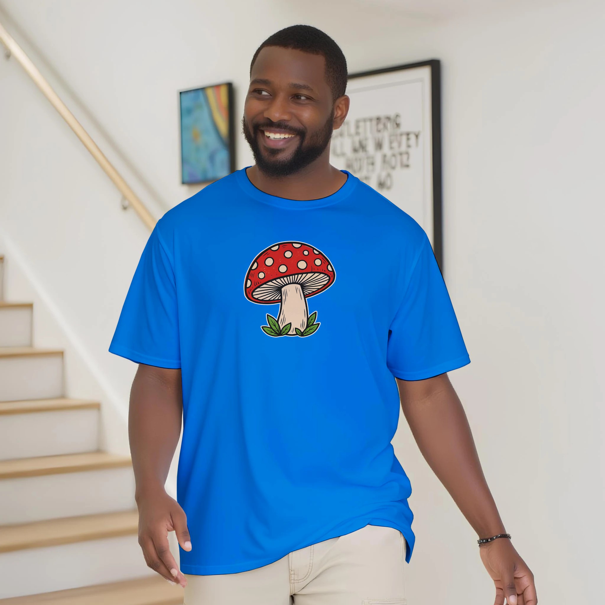 Toadstool t-shirt – woodcut red and cream toadstool design