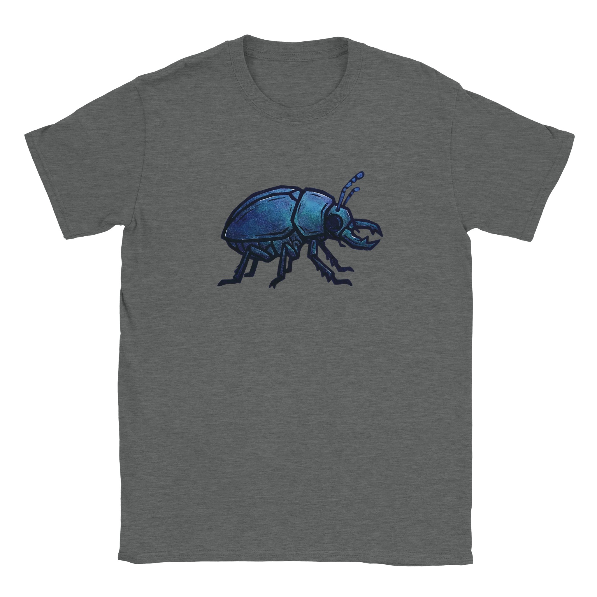 Beetle t-shirt – woodcut iridescent beetle design