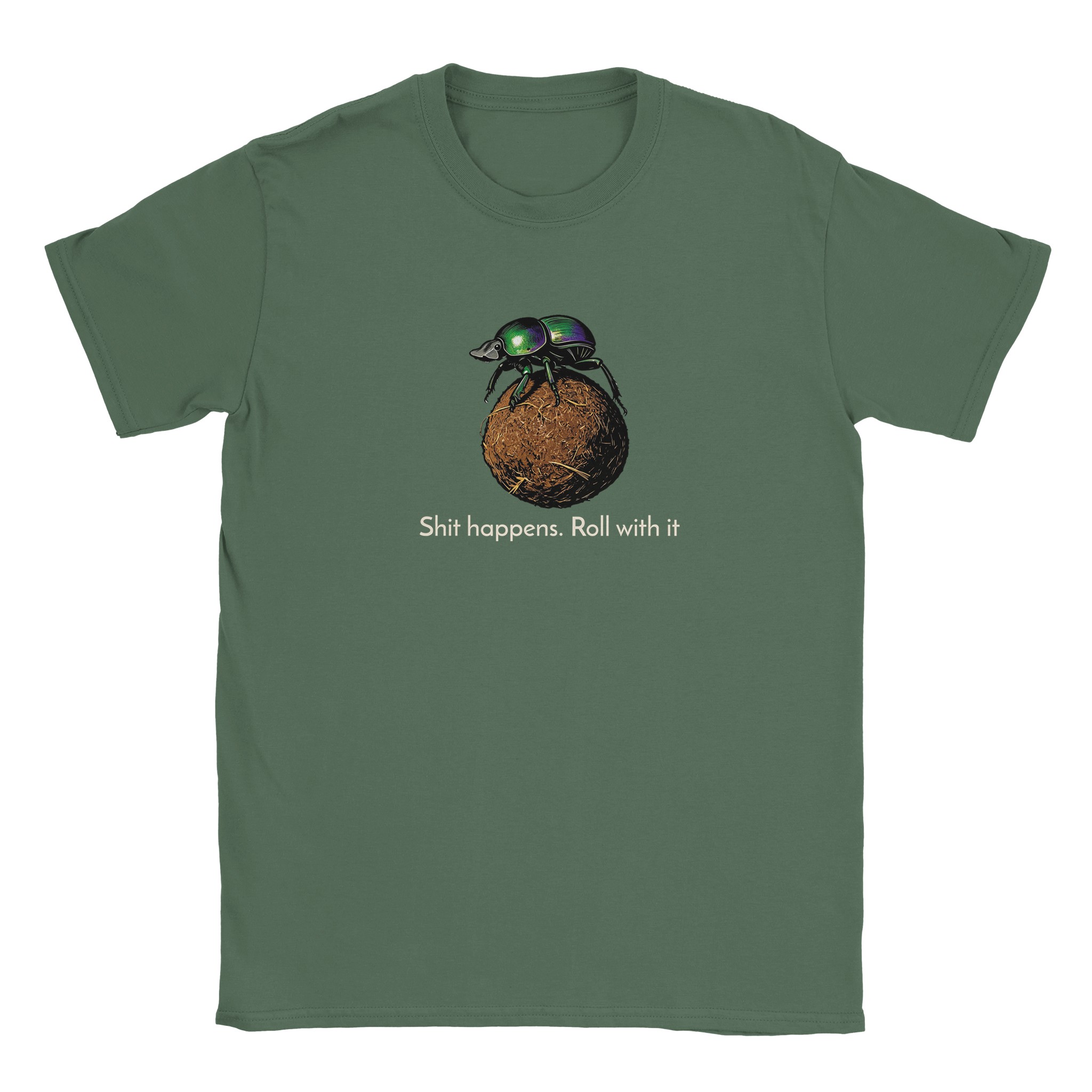 Dung beetle t-shirt in military green – woodcut dung beetle rolling a ball, Roll with it design