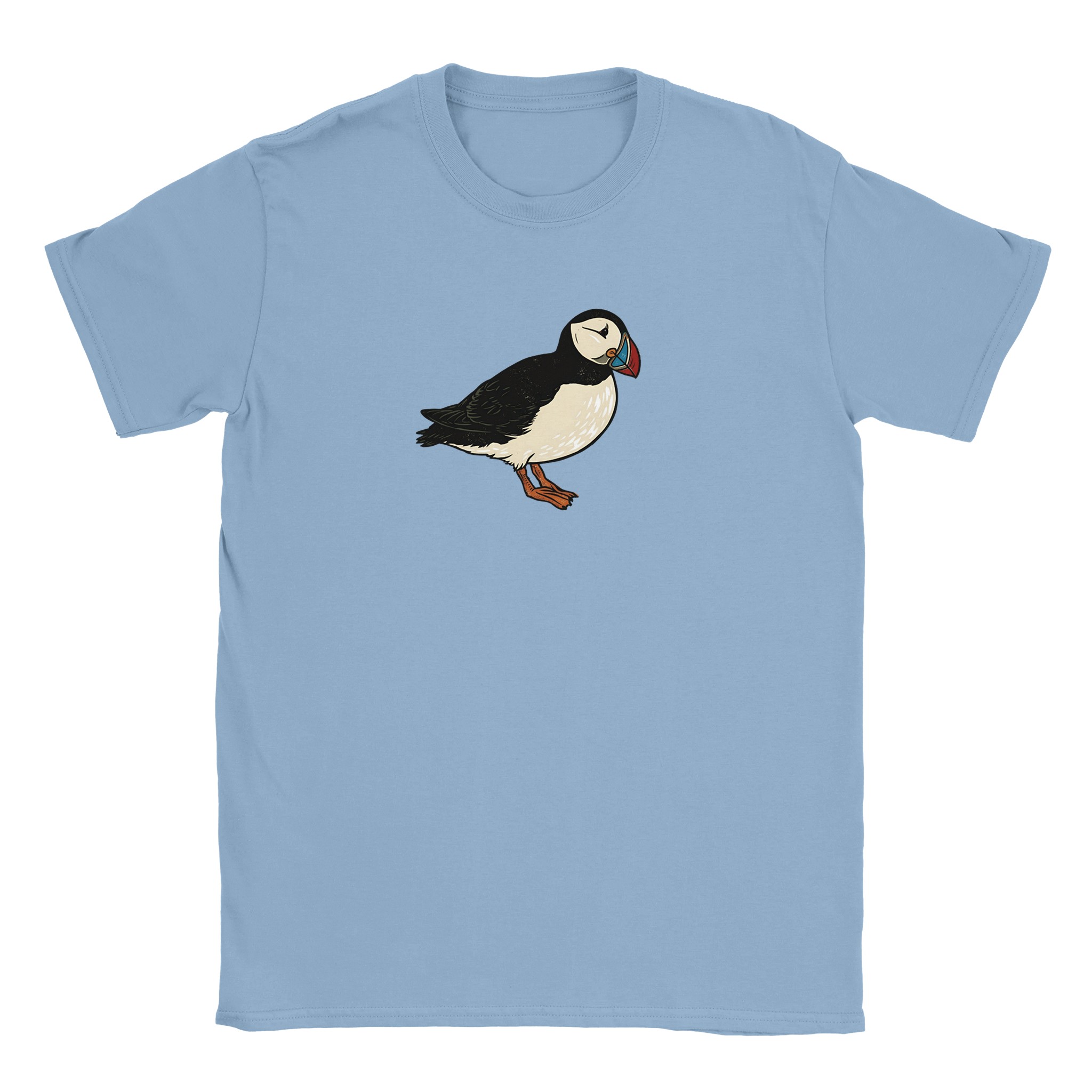 Puffin t-shirt in light blue – woodcut puffin design
