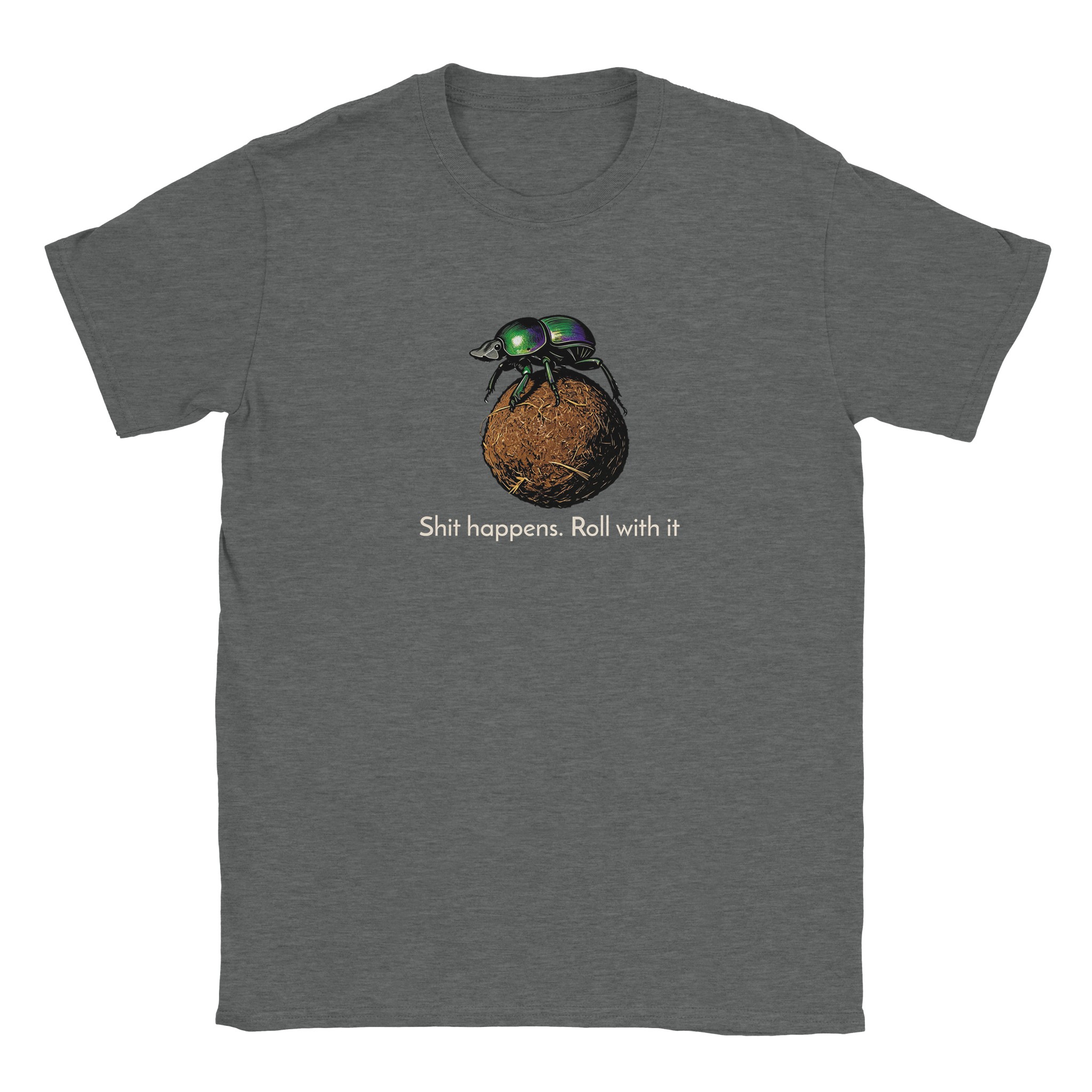 Dung beetle t-shirt in graphite heather – woodcut dung beetle rolling a ball, Roll with it design