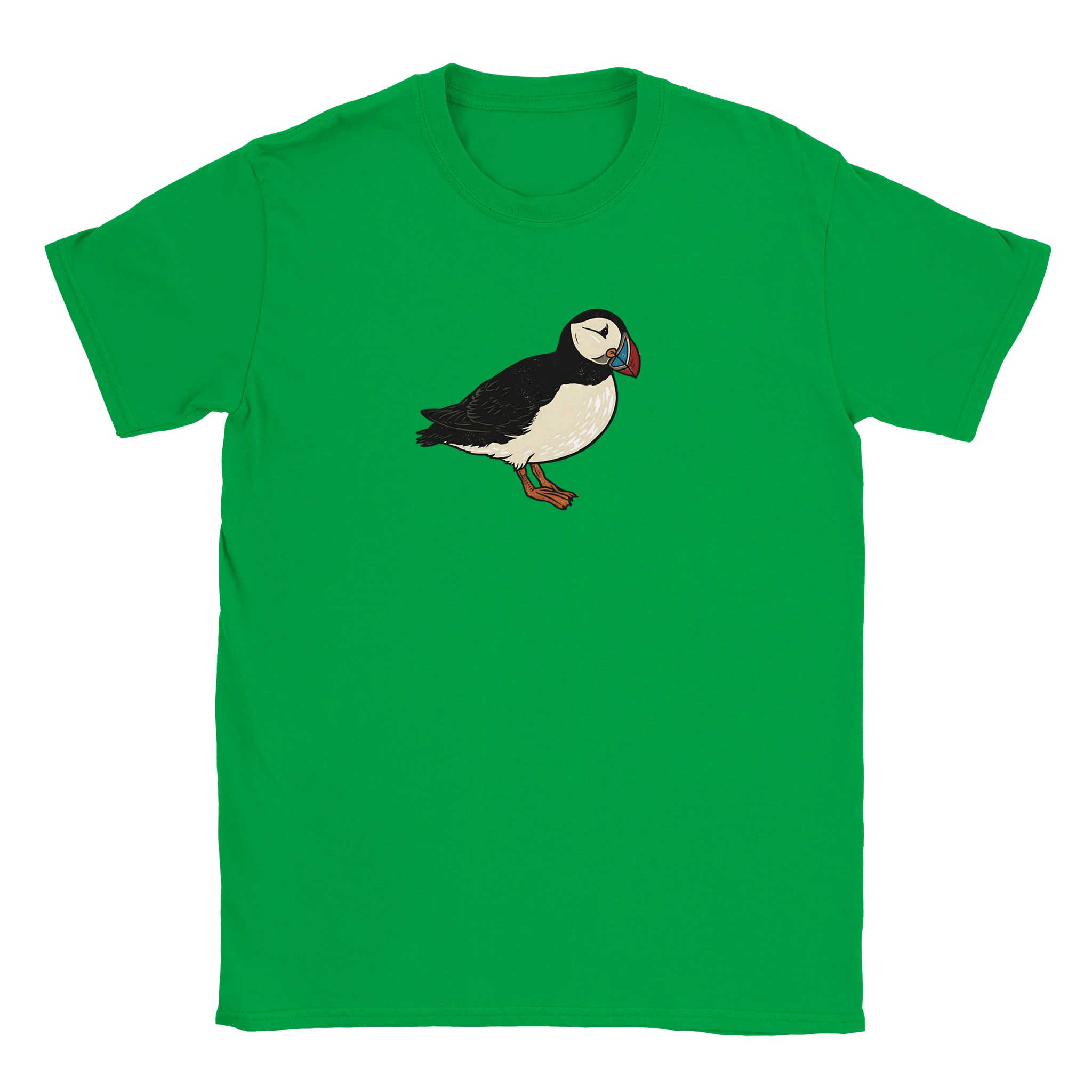 Puffin t-shirt in irish green – woodcut puffin design
