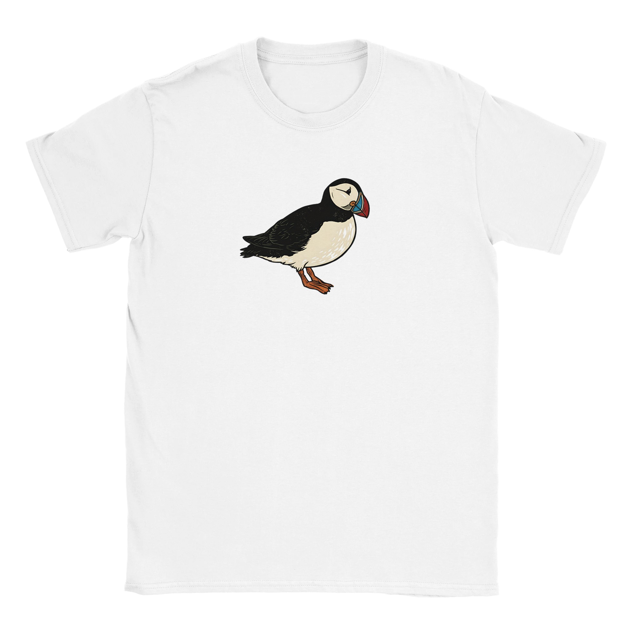 Puffin t-shirt in white – woodcut puffin design