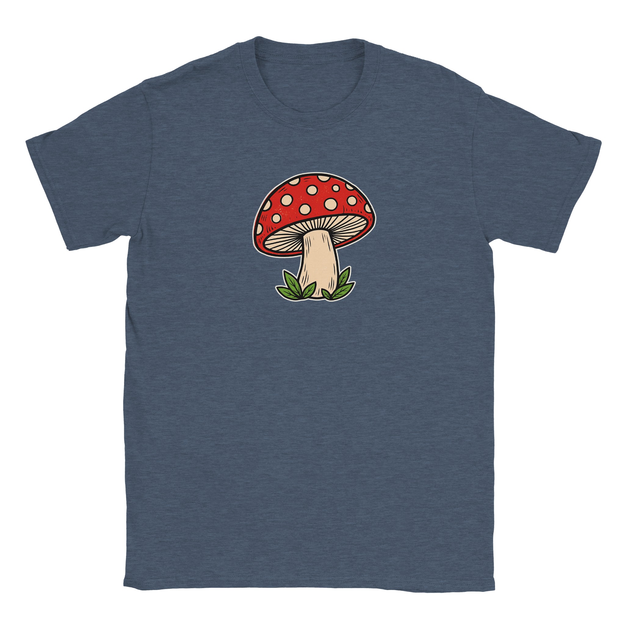 Toadstool t-shirt in heather navy – woodcut red and cream toadstool design