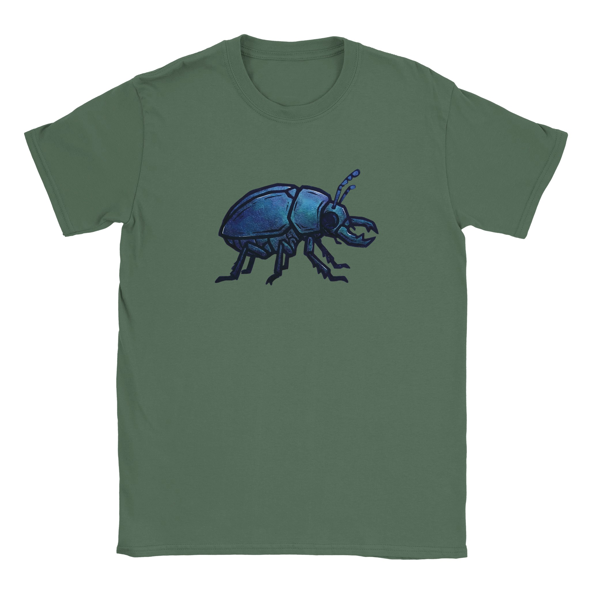 Beetle t-shirt in military green – woodcut iridescent beetle design