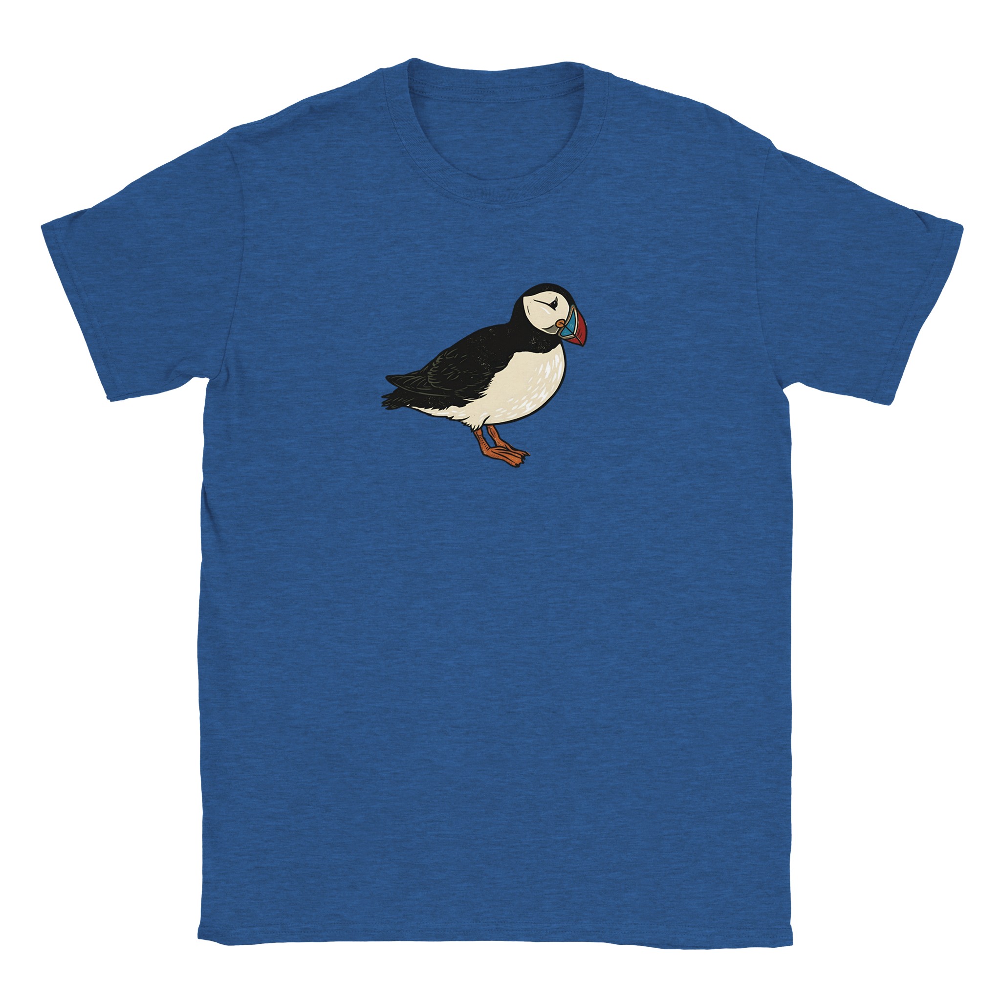 Puffin t-shirt in heather royal – woodcut puffin design