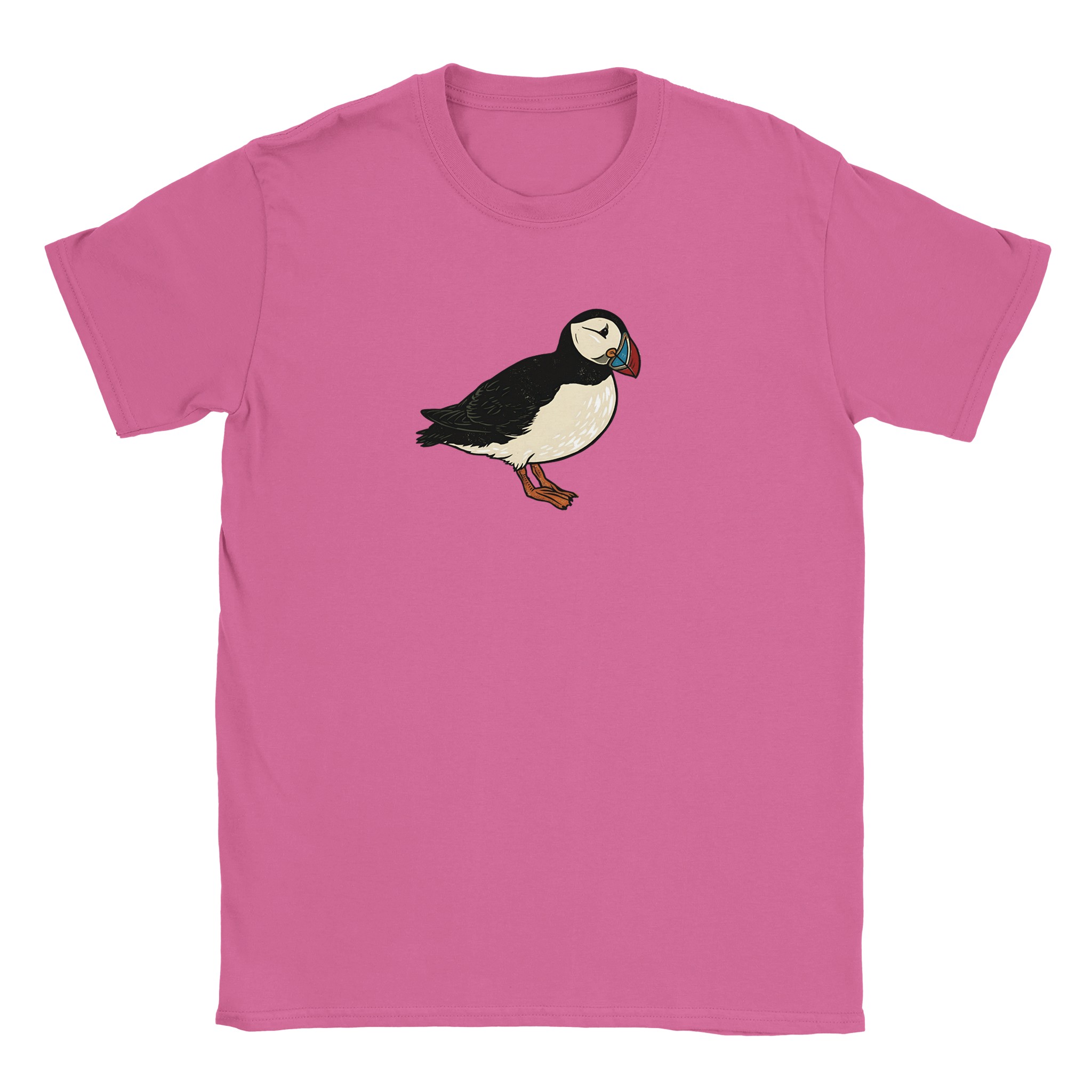 Puffin t-shirt in azalea – woodcut puffin design