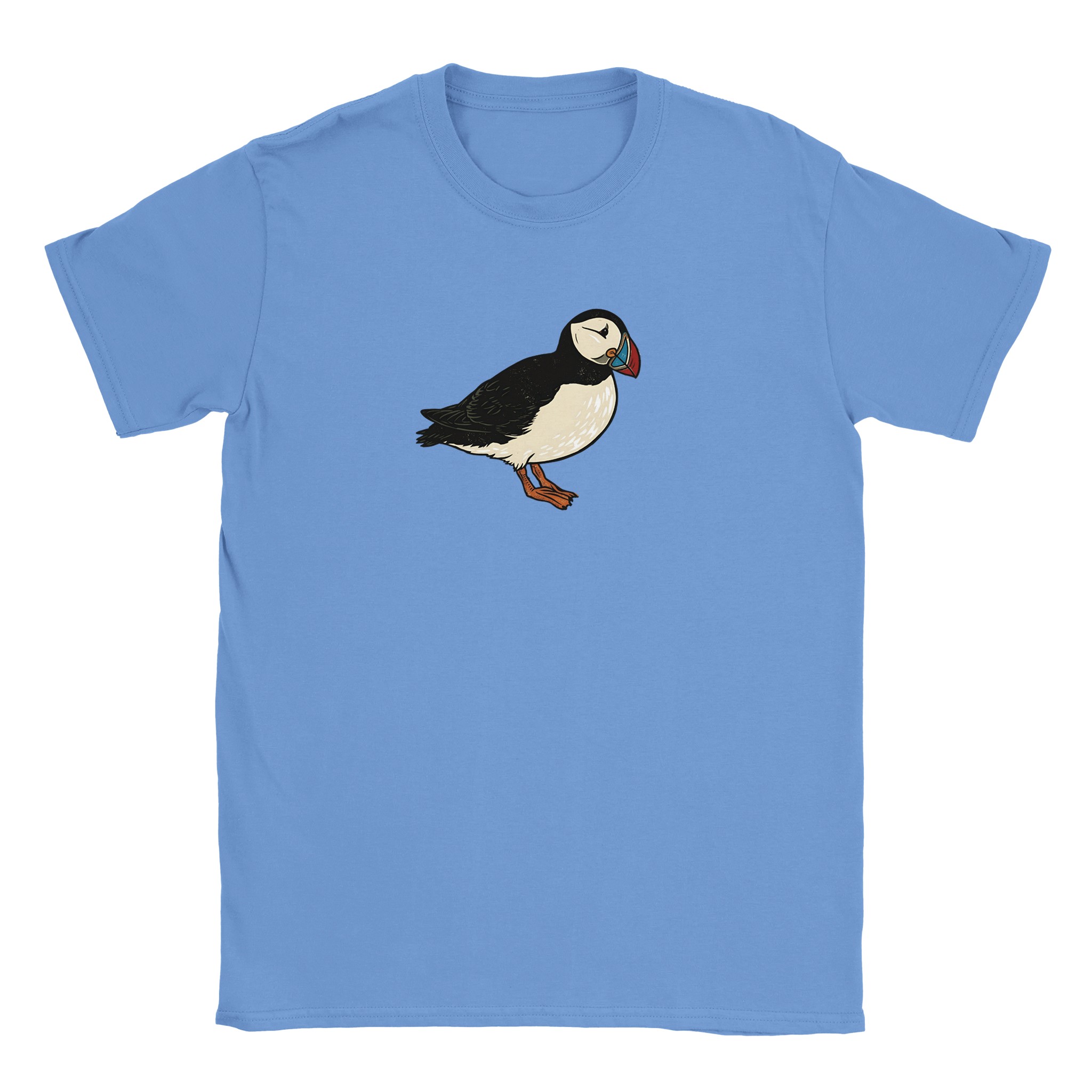 Puffin t-shirt in carolina blue – woodcut puffin design