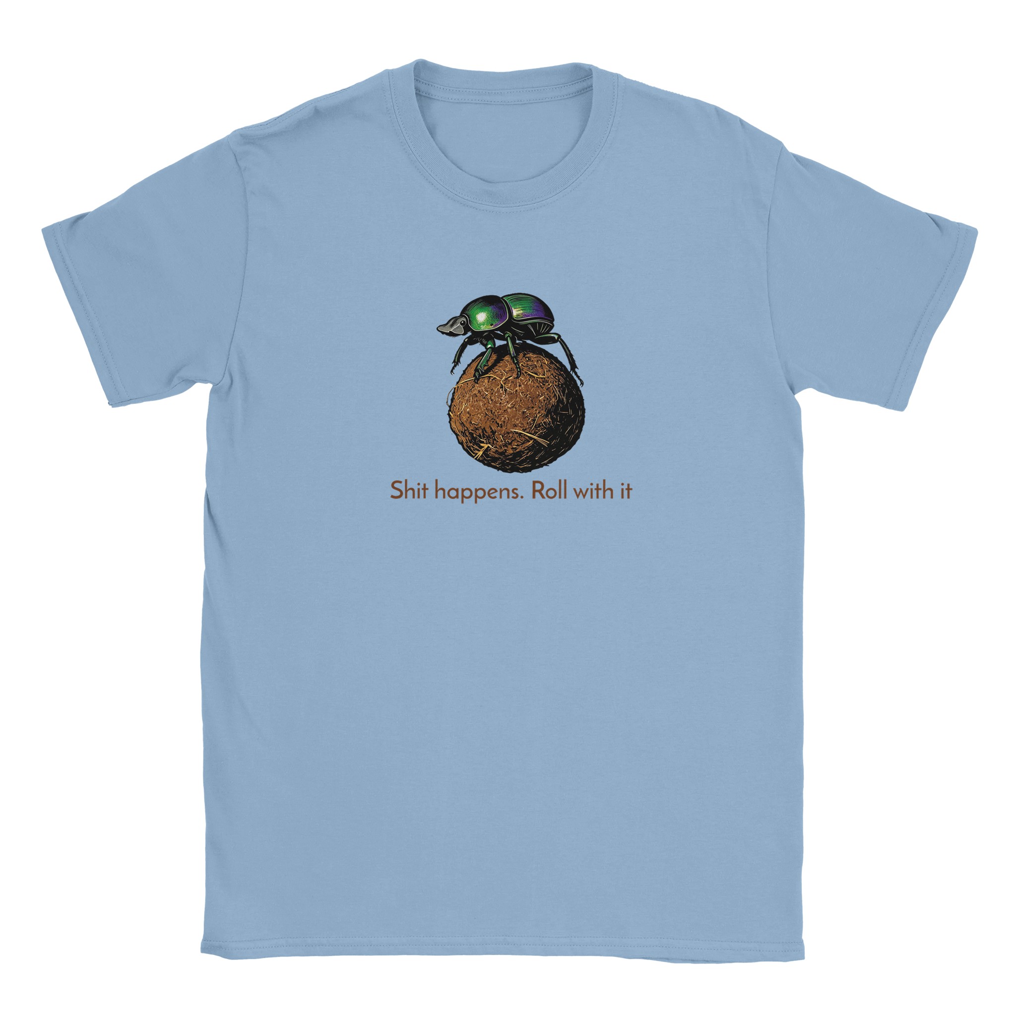 Dung beetle t-shirt in light blue – woodcut dung beetle rolling a ball, Roll with it design