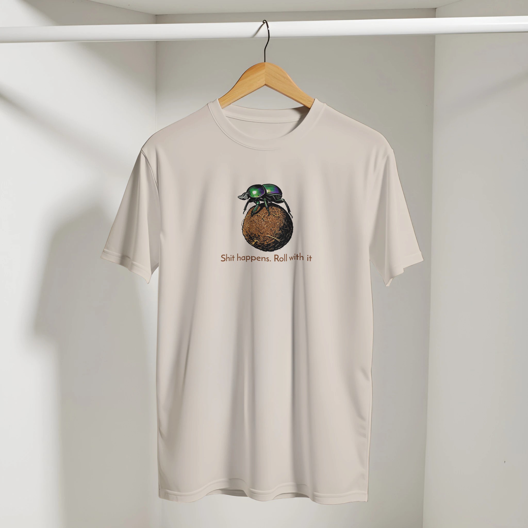 Dung beetle t-shirt – woodcut dung beetle rolling a ball, Roll with it design