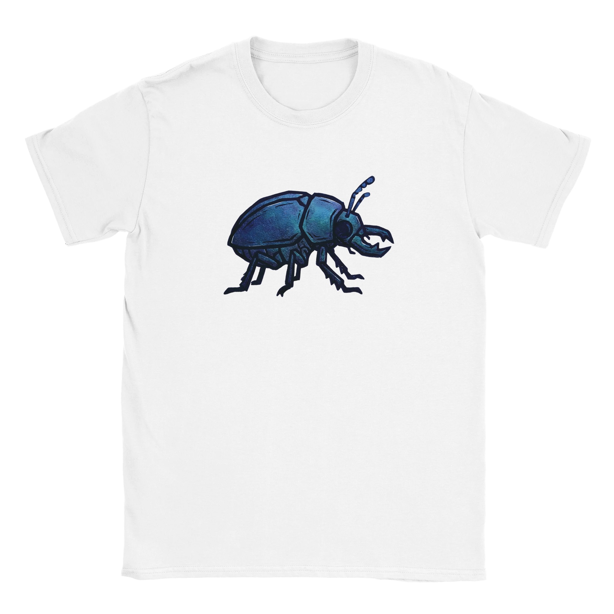 Beetle t-shirt in white – woodcut iridescent beetle design