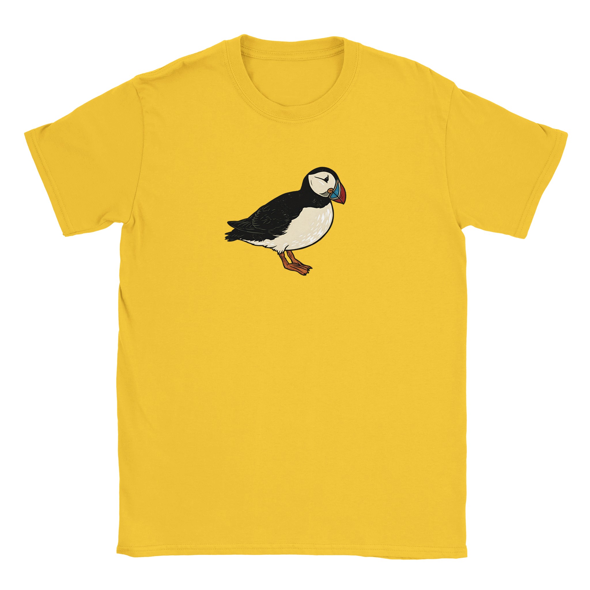 Puffin t-shirt in daisy – woodcut puffin design