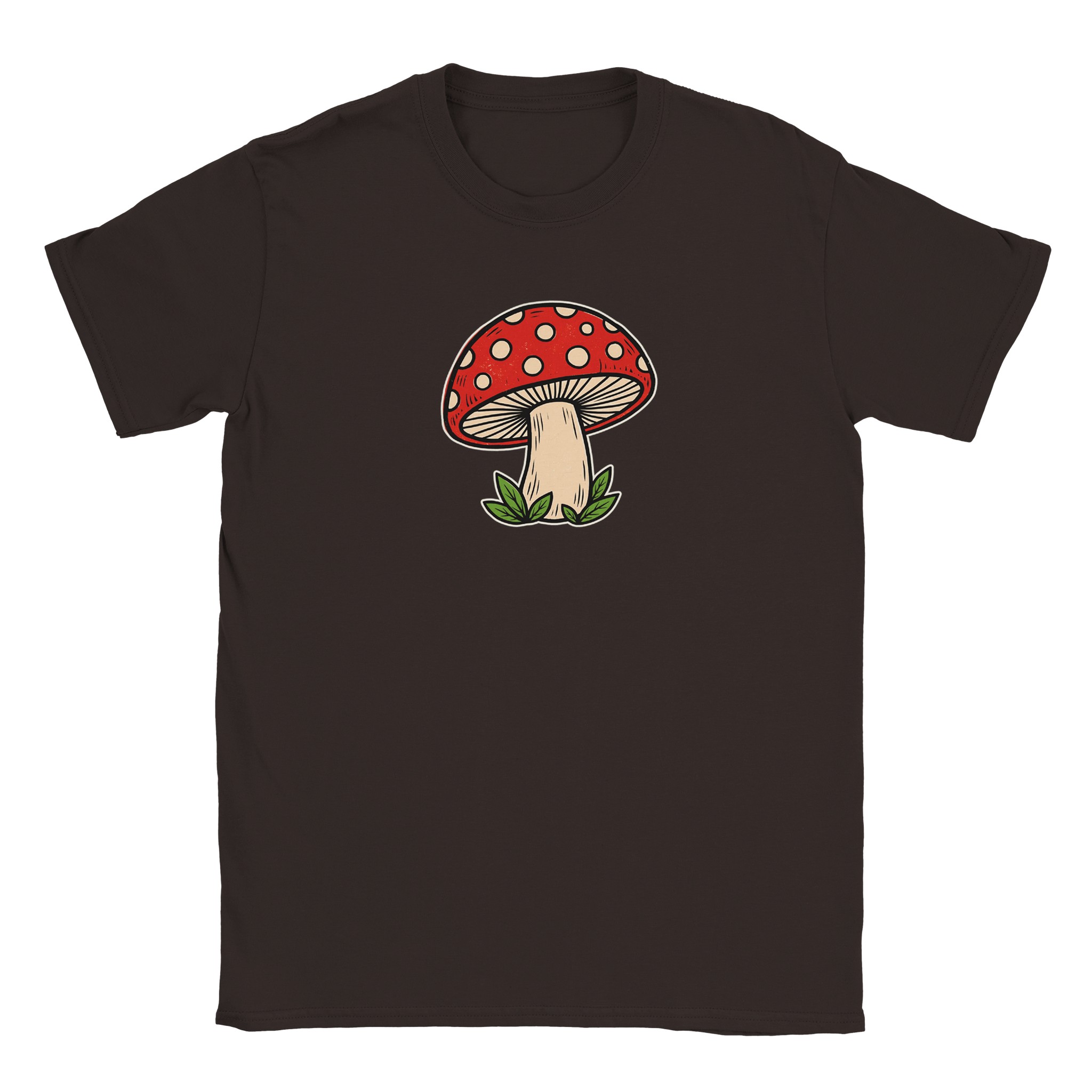 Toadstool t-shirt in dark chocolate – woodcut red and cream toadstool design