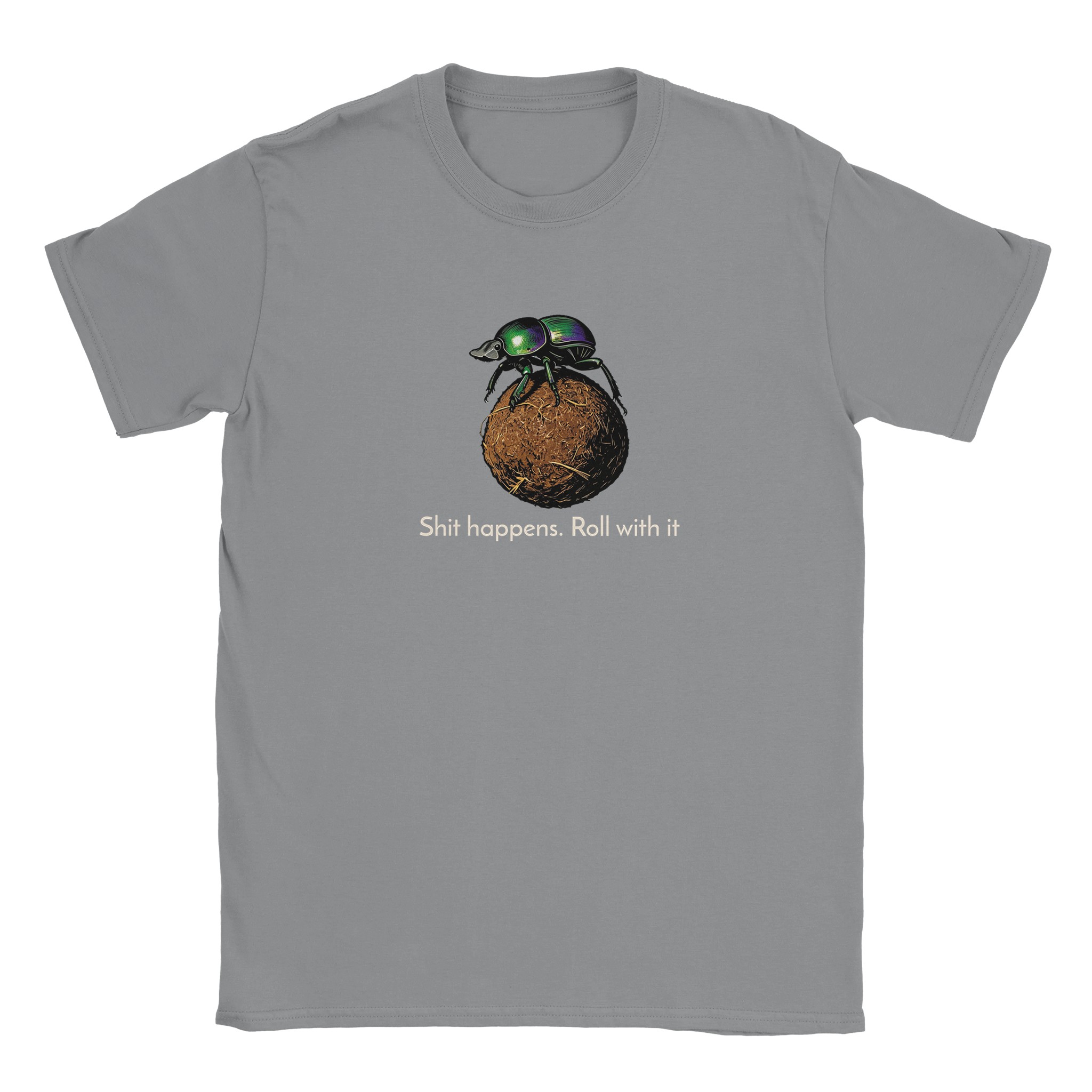 Dung beetle t-shirt in sport grey – woodcut dung beetle rolling a ball, Roll with it design