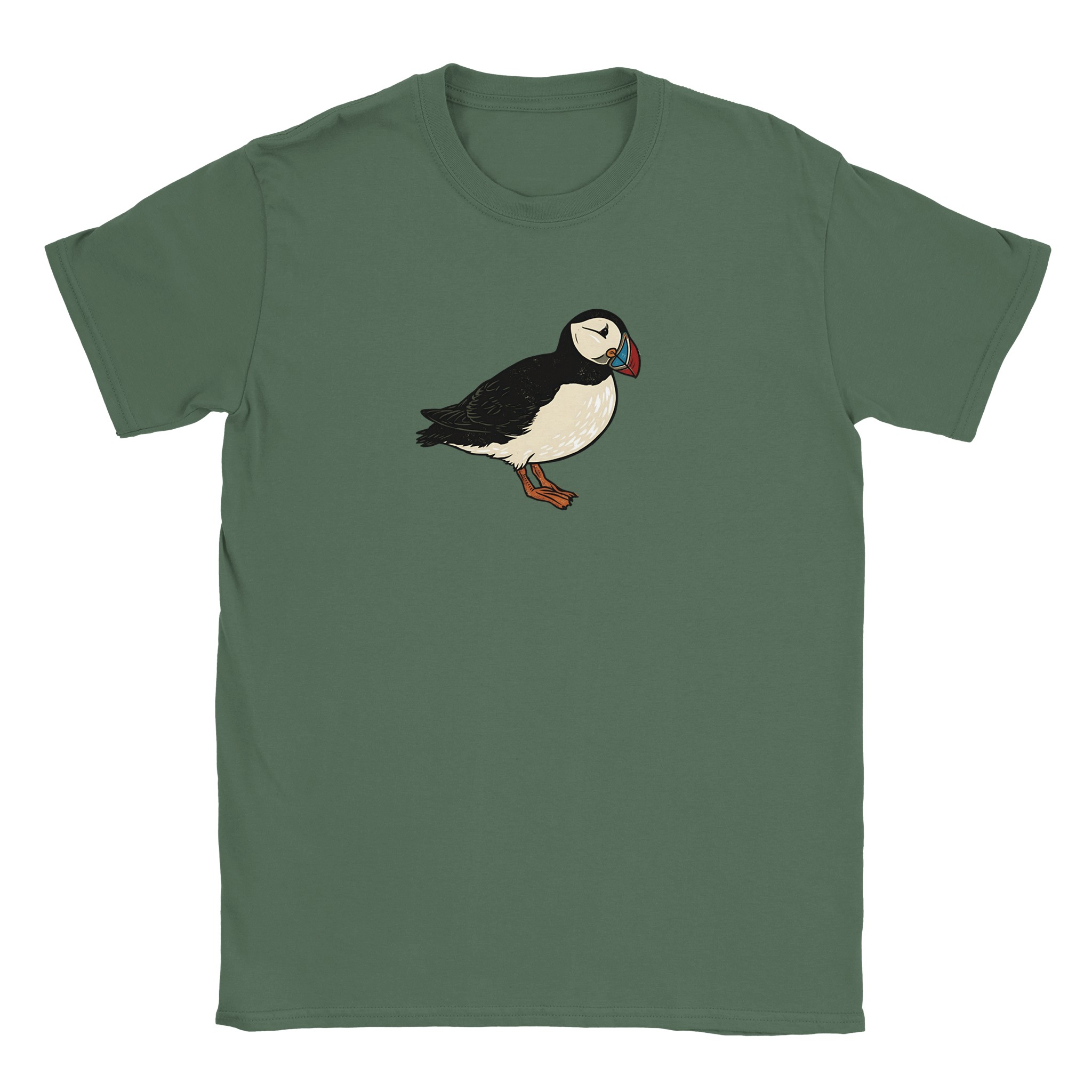 Puffin t-shirt in military green – woodcut puffin design