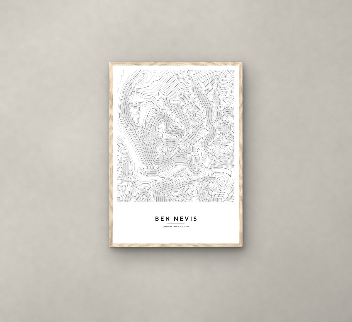 Ben Nevis contour map print, Minimal style, Natural wood frame, on a pale wall