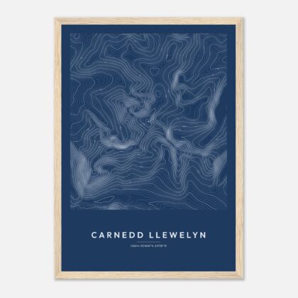 Carnedd Llewelyn contour map print, Blueprint style, in a natural wood frame