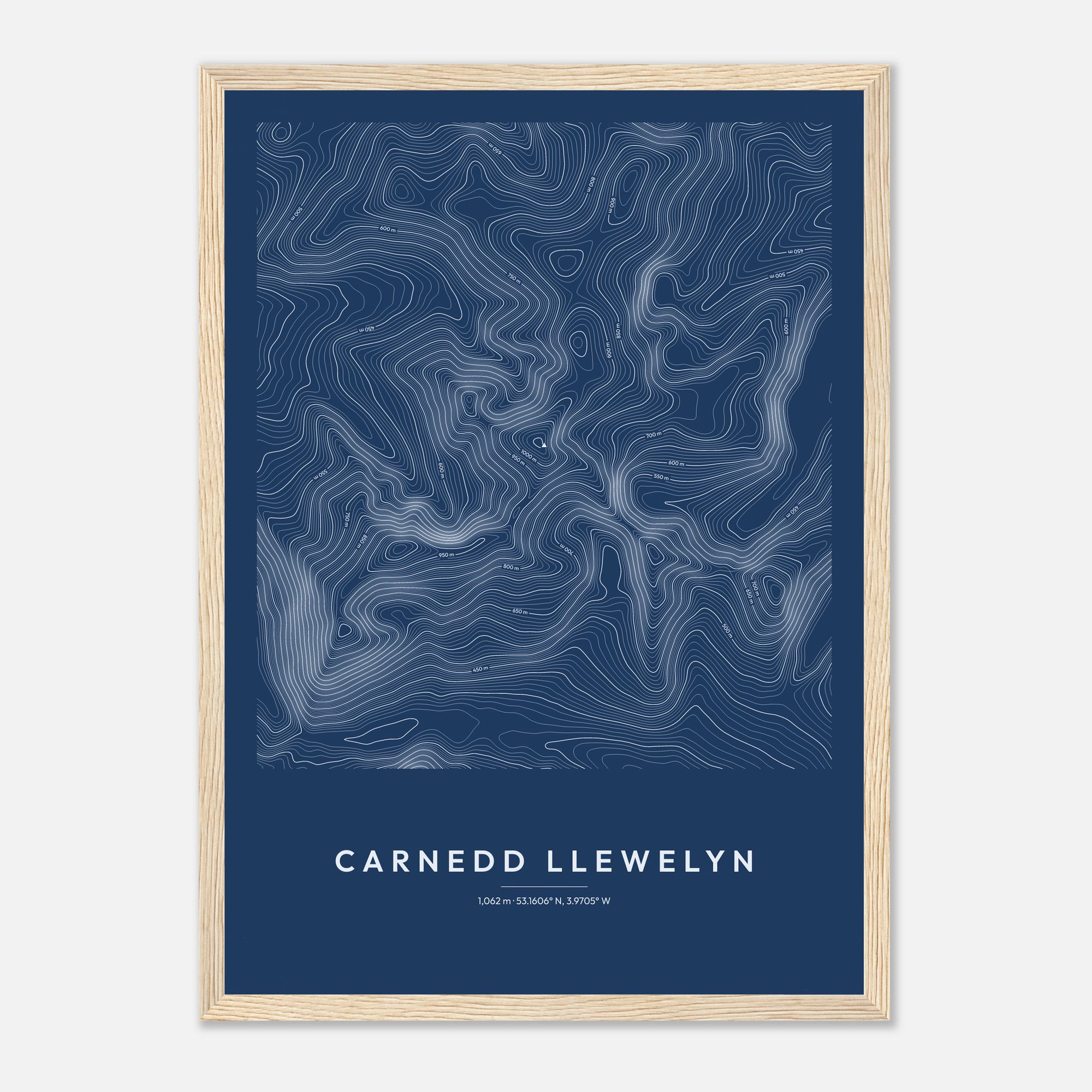 Carnedd Llewelyn contour map print, Blueprint style, in a natural wood frame
