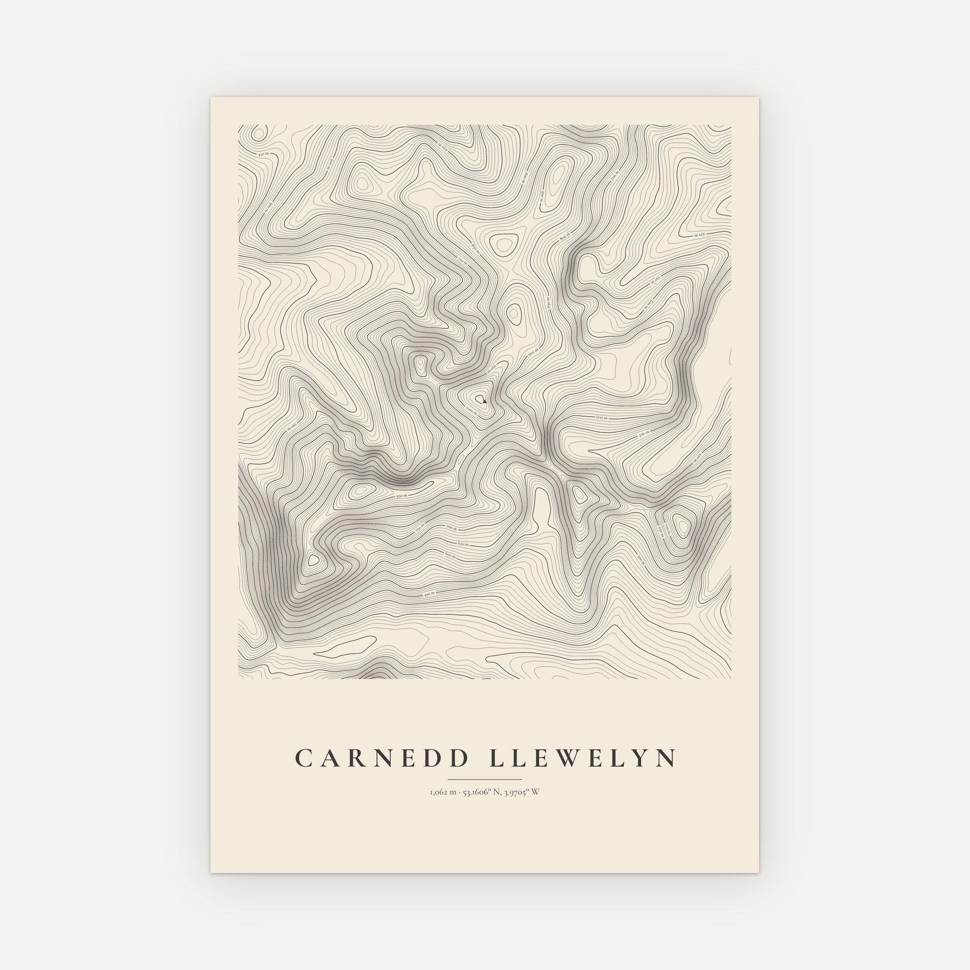 Carnedd Llewelyn contour map print, Vintage style