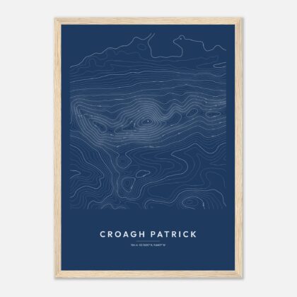 Croagh Patrick contour map print, Blueprint style, in a natural wood frame