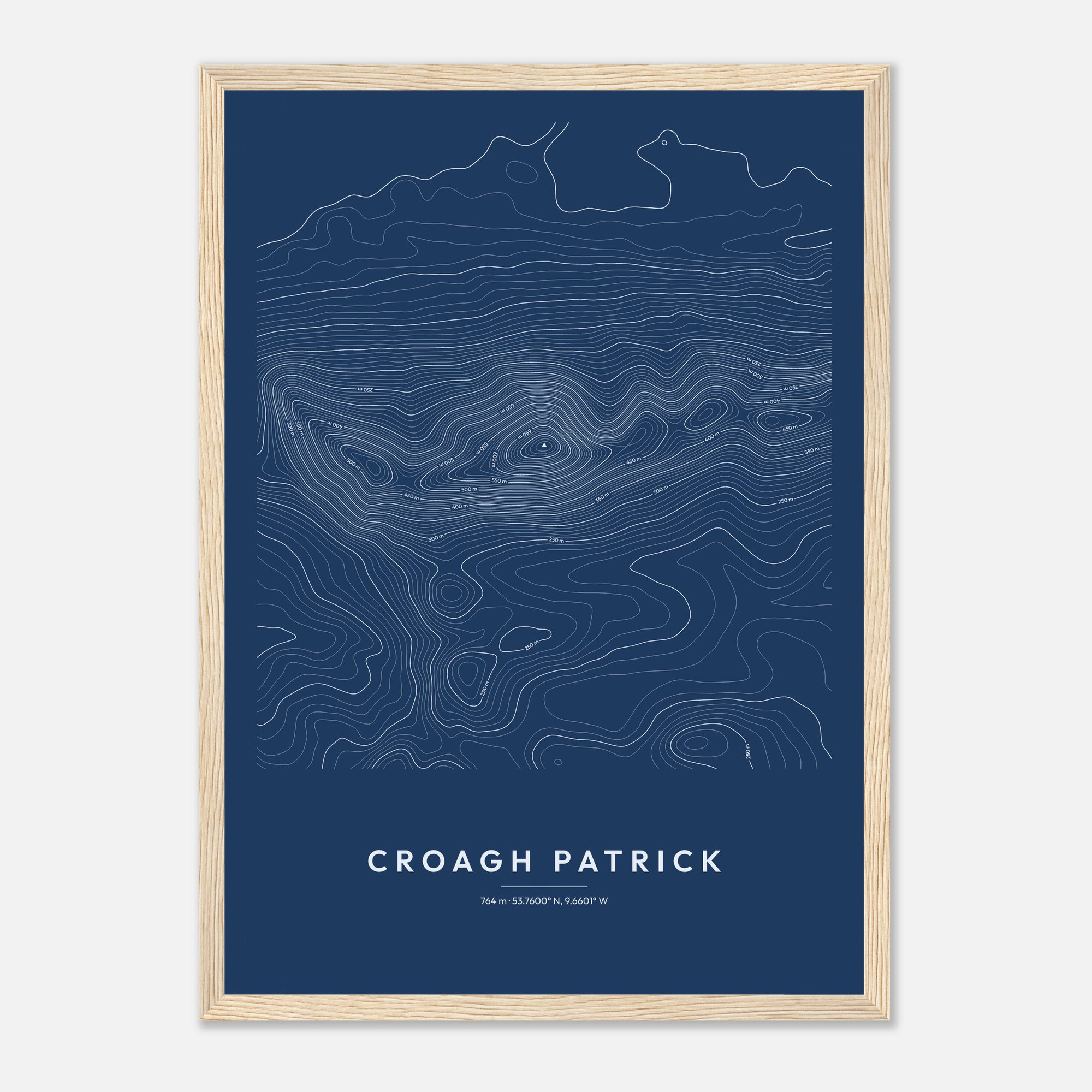 Croagh Patrick contour map print, Blueprint style, in a natural wood frame