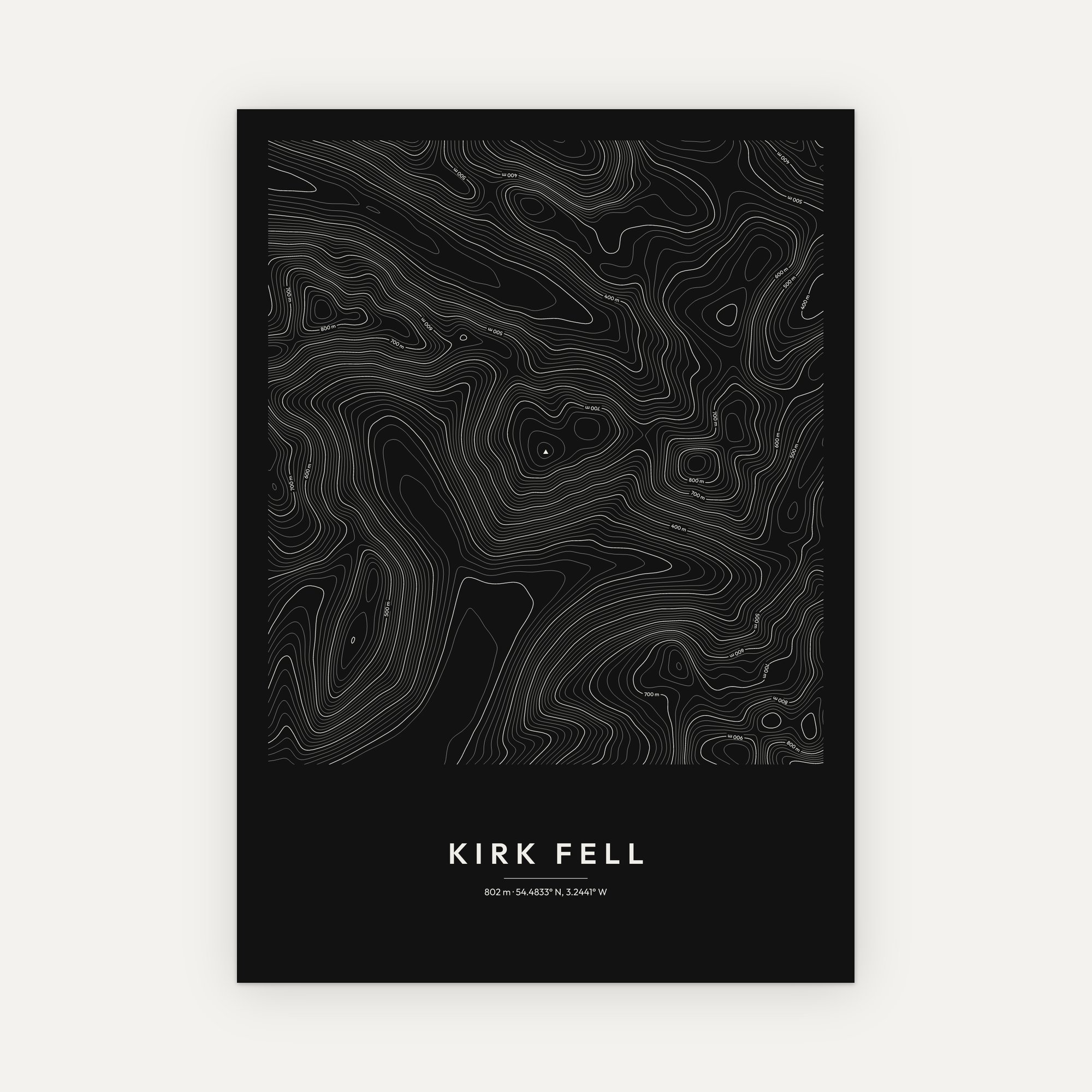 Kirk Fell contour map print, Dark style