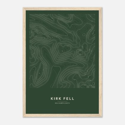 Kirk Fell contour map print, Forest style, in a natural wood frame
