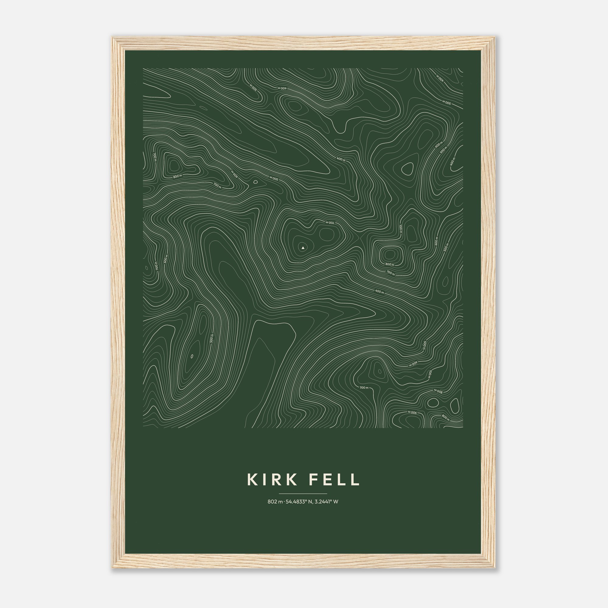 Kirk Fell contour map print, Forest style, in a natural wood frame