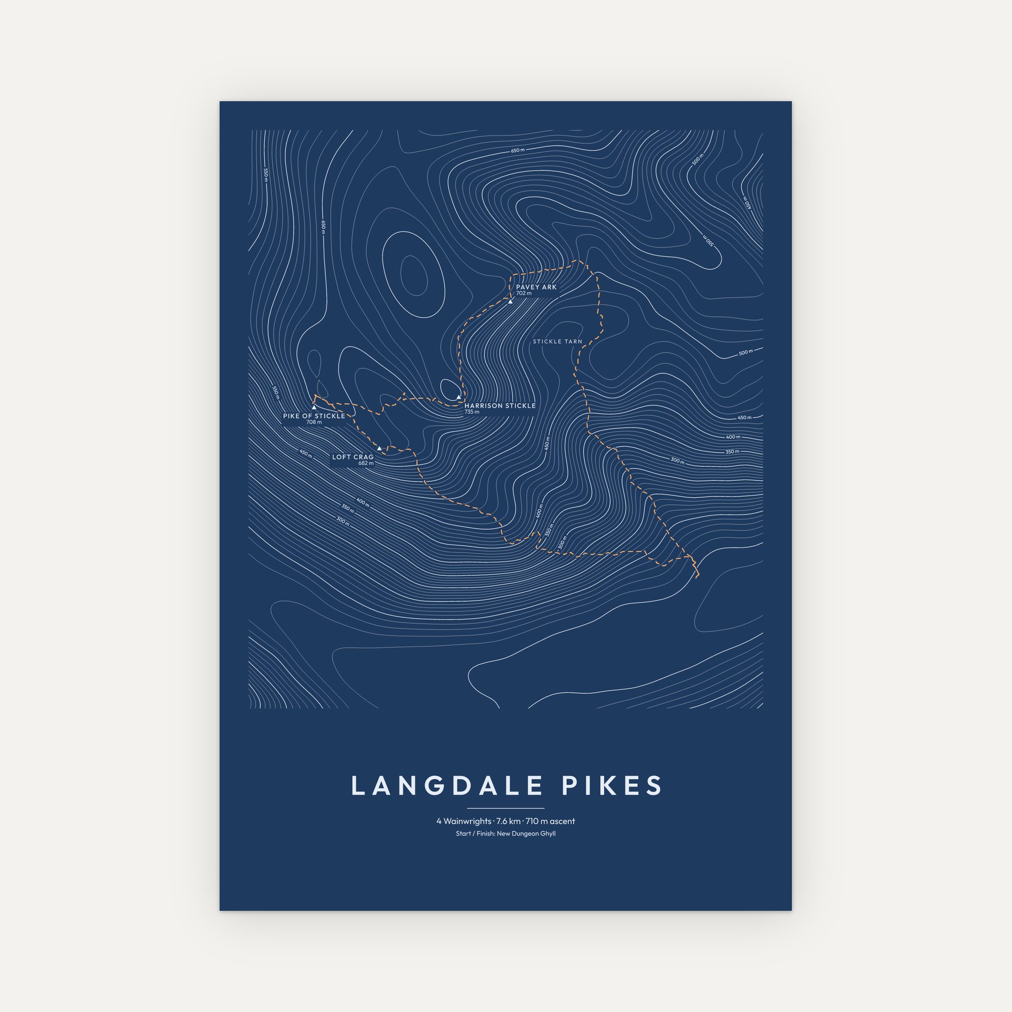 Langdale Pikes contour map print with a dashed route line, Blueprint style