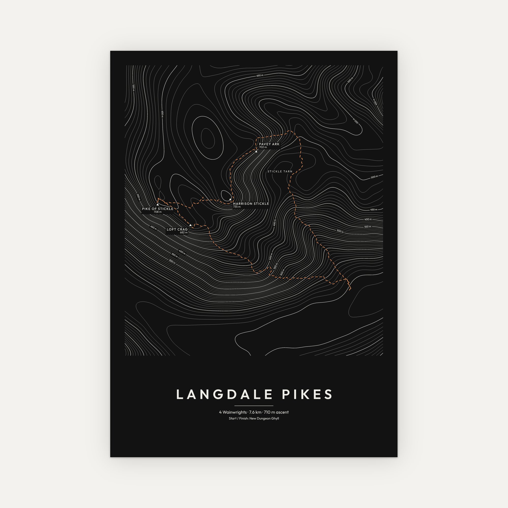 Langdale Pikes contour map print with a dashed route line, Dark style