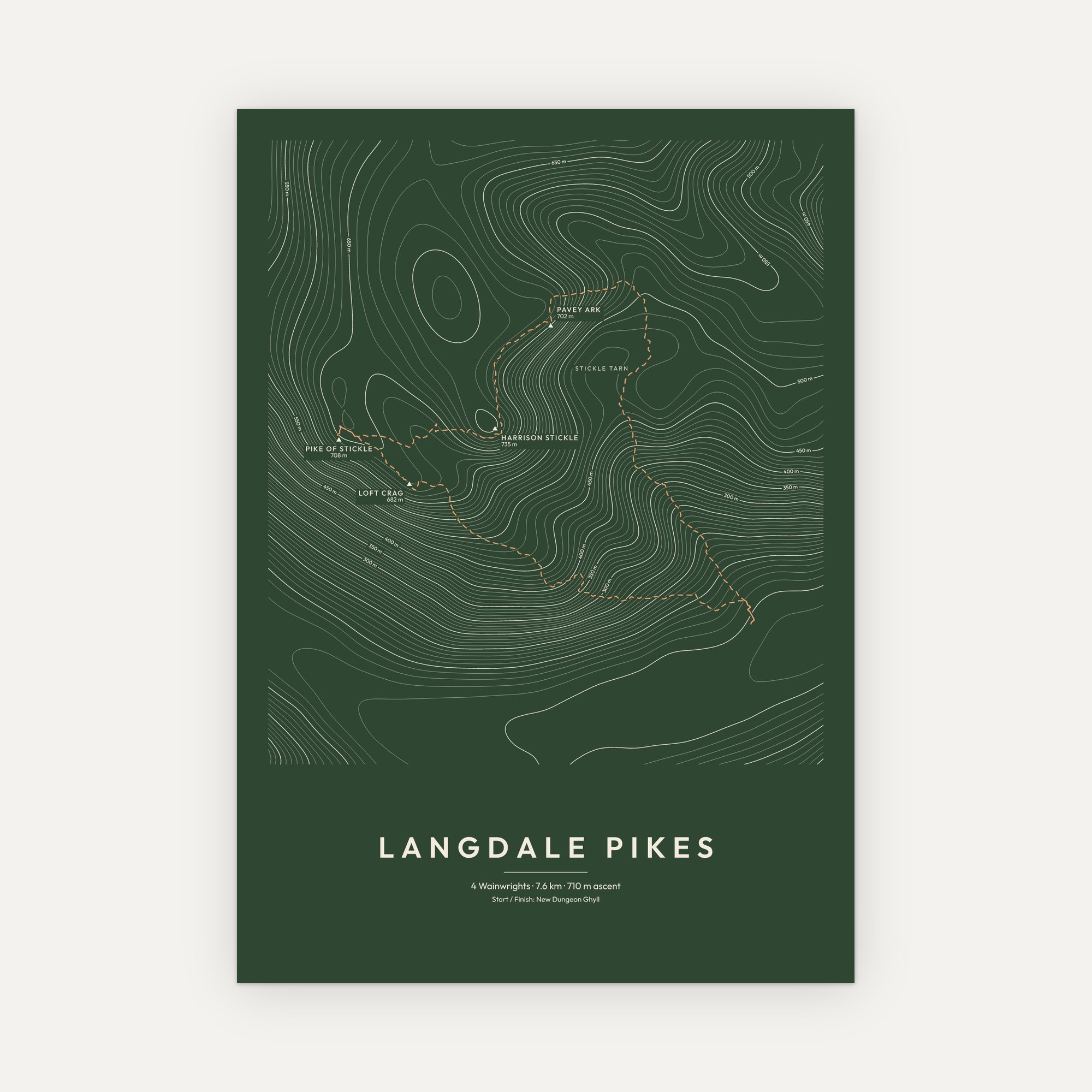 Langdale Pikes contour map print with a dashed route line, Forest style