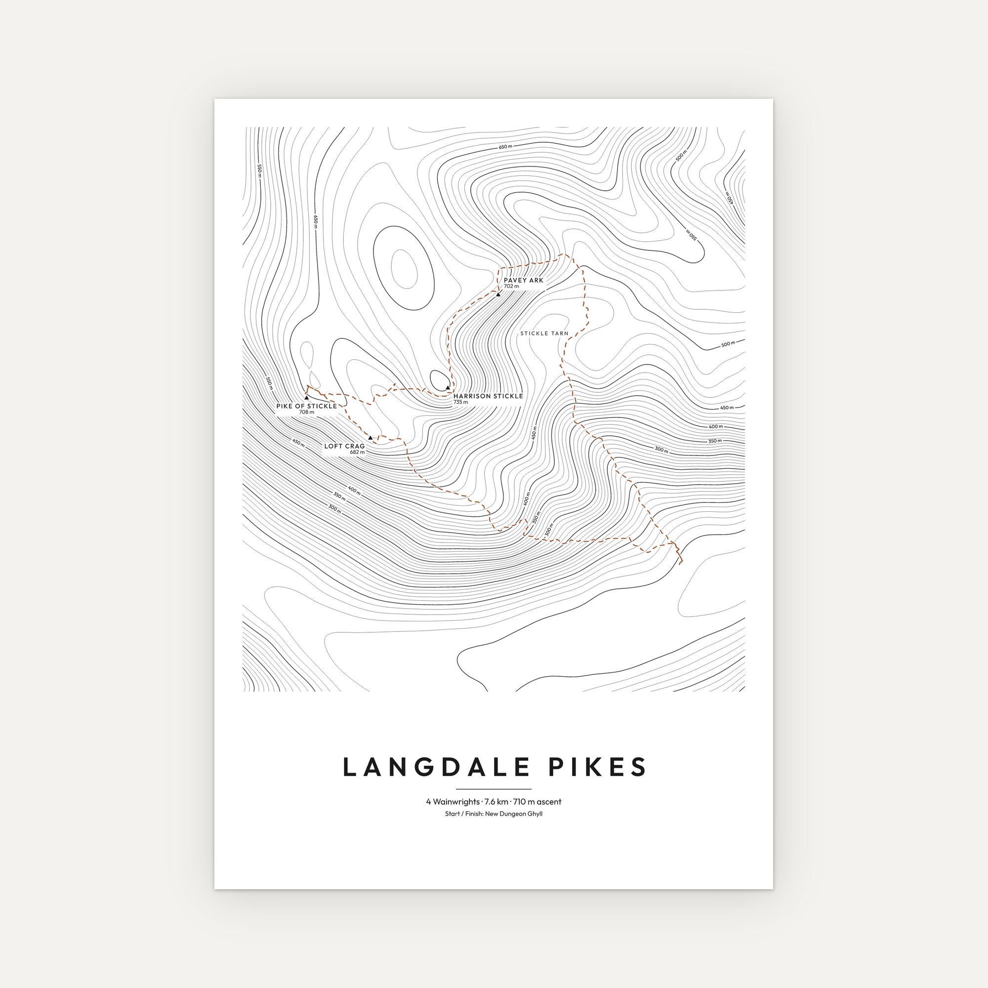 Langdale Pikes contour map print with a dashed route line, Minimal style
