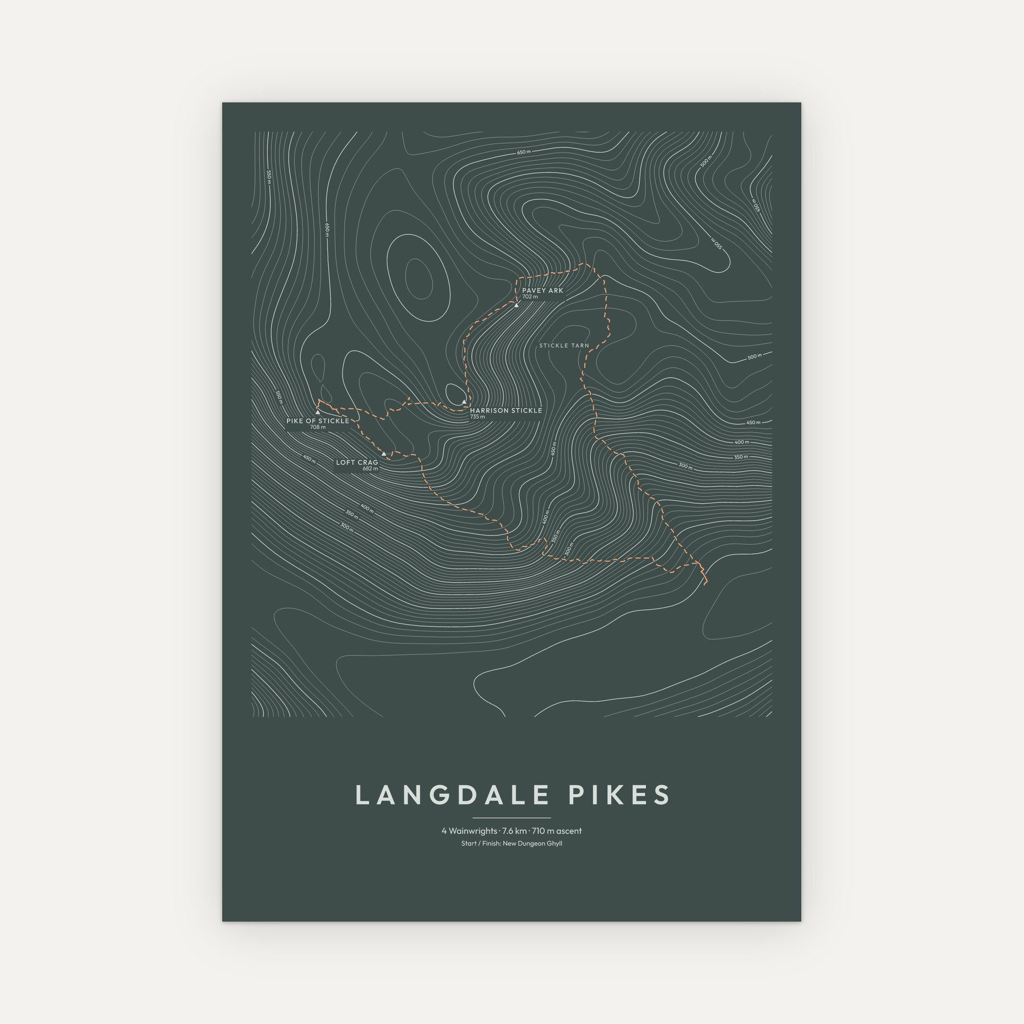 Langdale Pikes contour map print with a dashed route line, Slate style