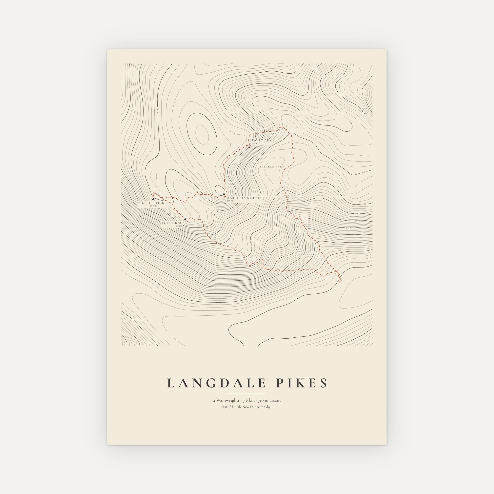 Langdale Pikes contour map print with a dashed route line, Vintage style