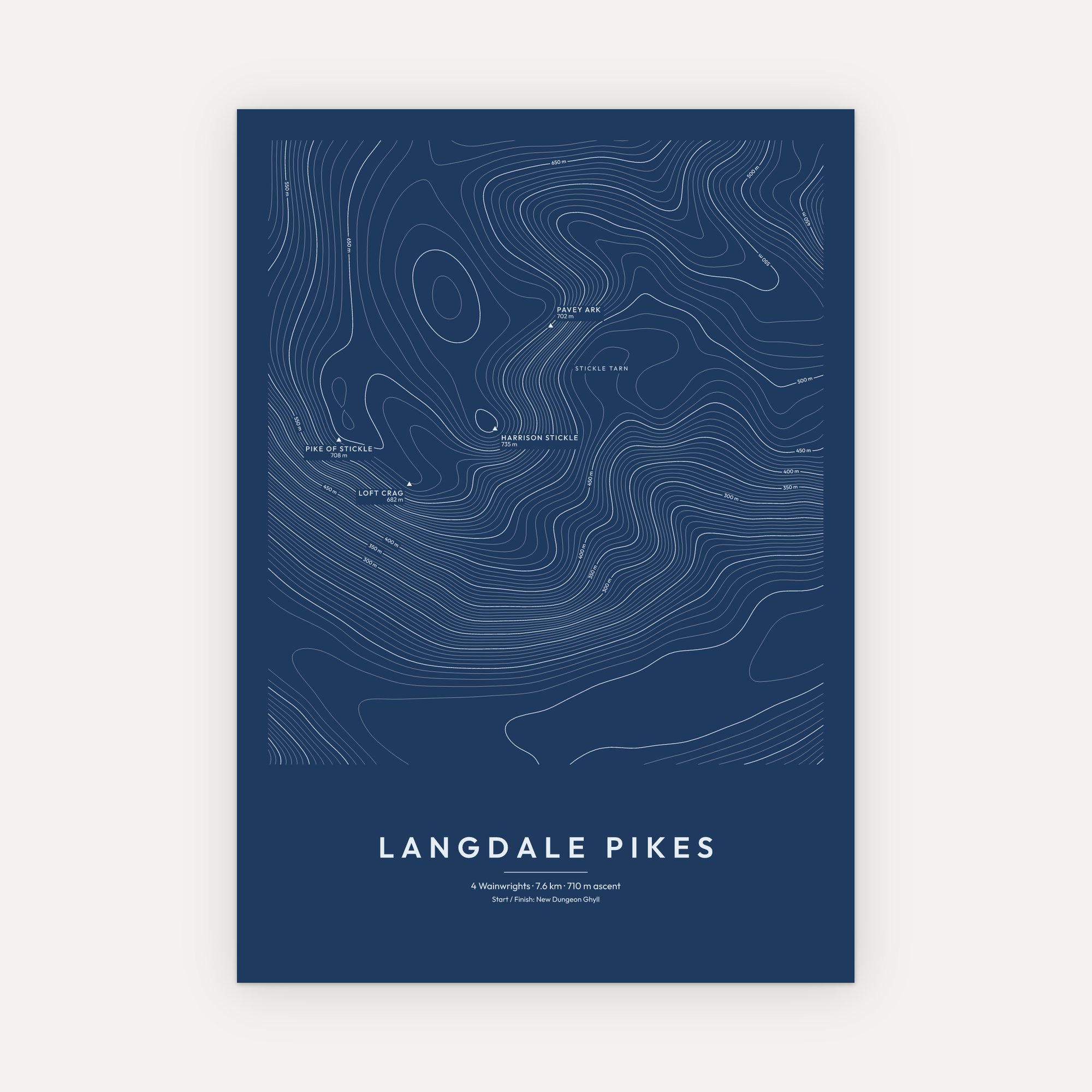 Langdale Pikes contour map print, Blueprint style