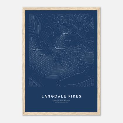 Langdale Pikes contour map print, Blueprint style, in a natural wood frame
