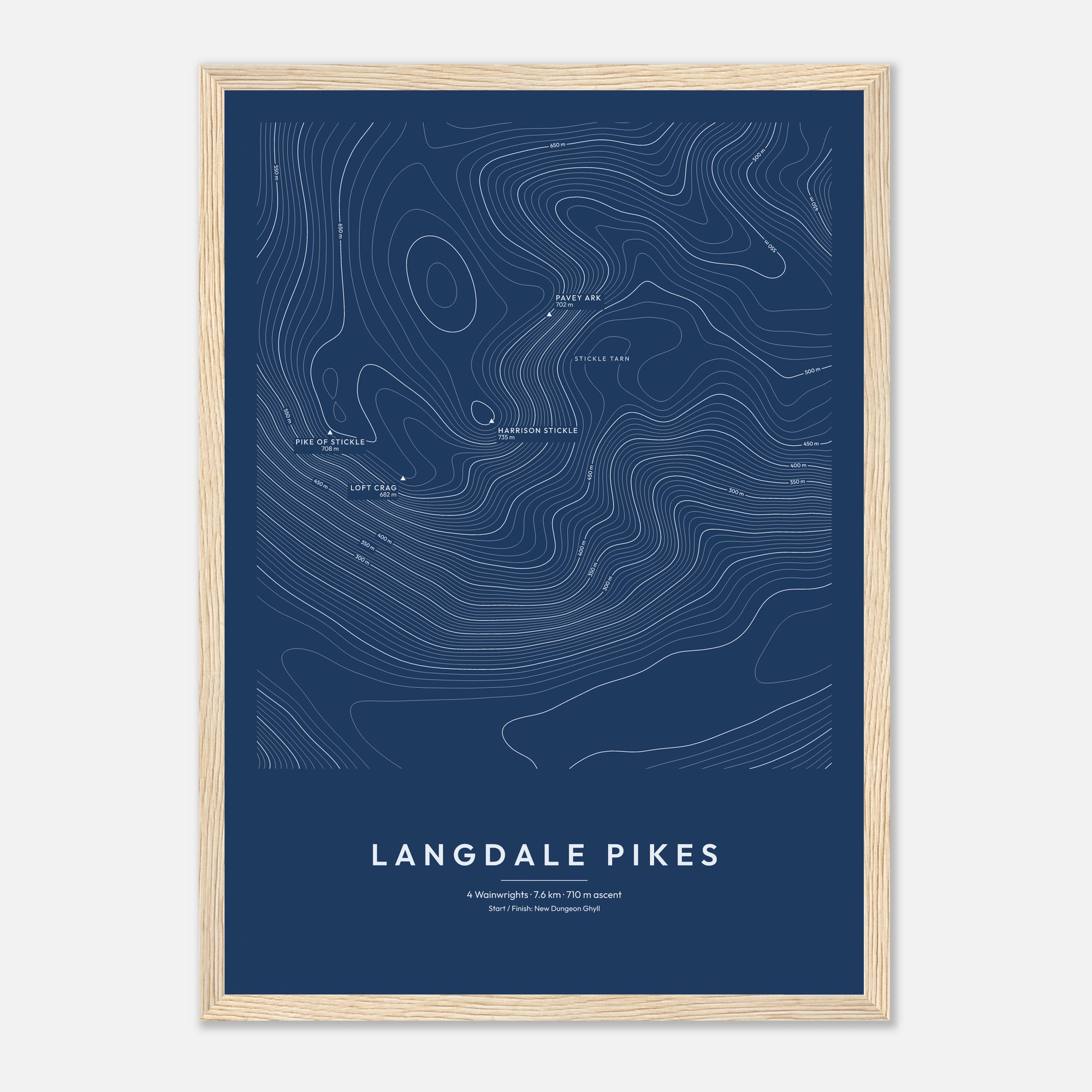 Langdale Pikes contour map print, Blueprint style, in a natural wood frame