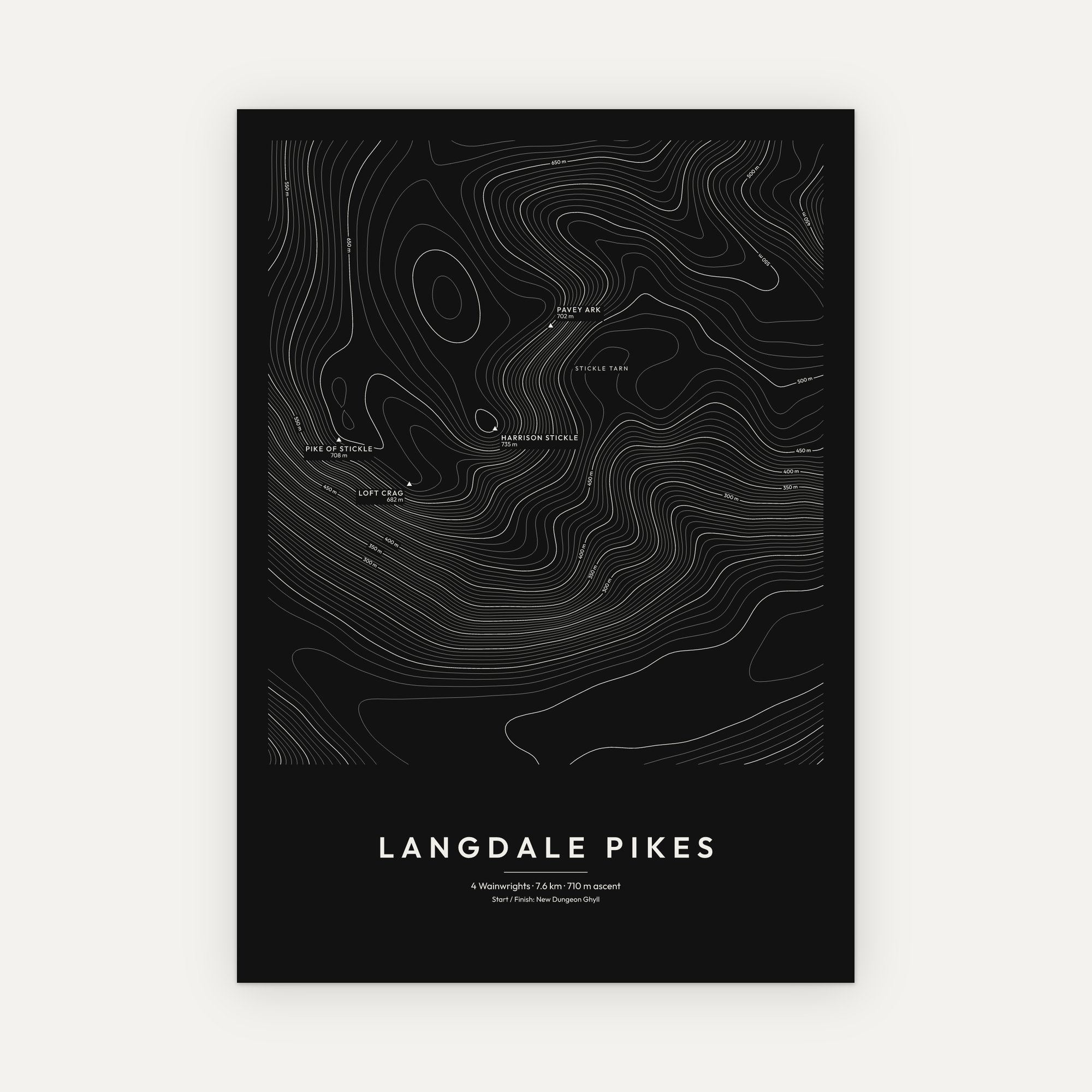 Langdale Pikes contour map print, Dark style