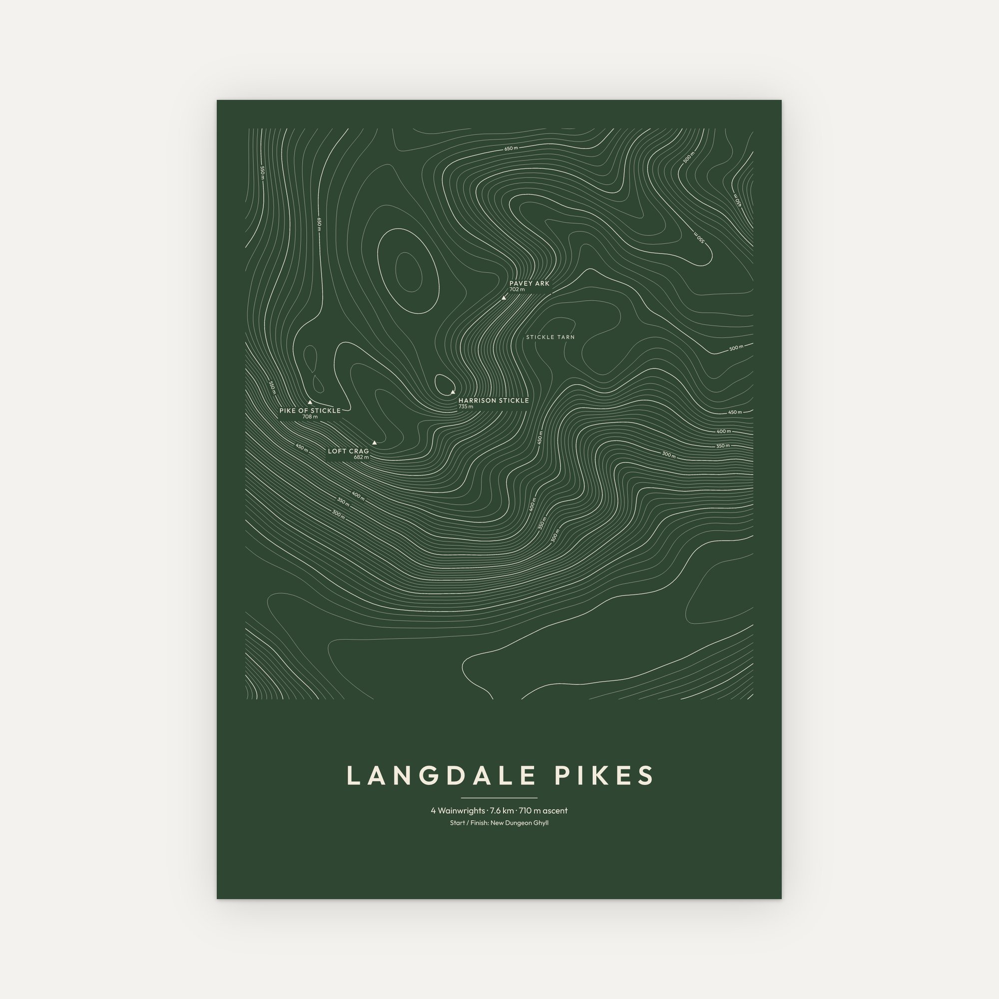 Langdale Pikes contour map print, Forest style