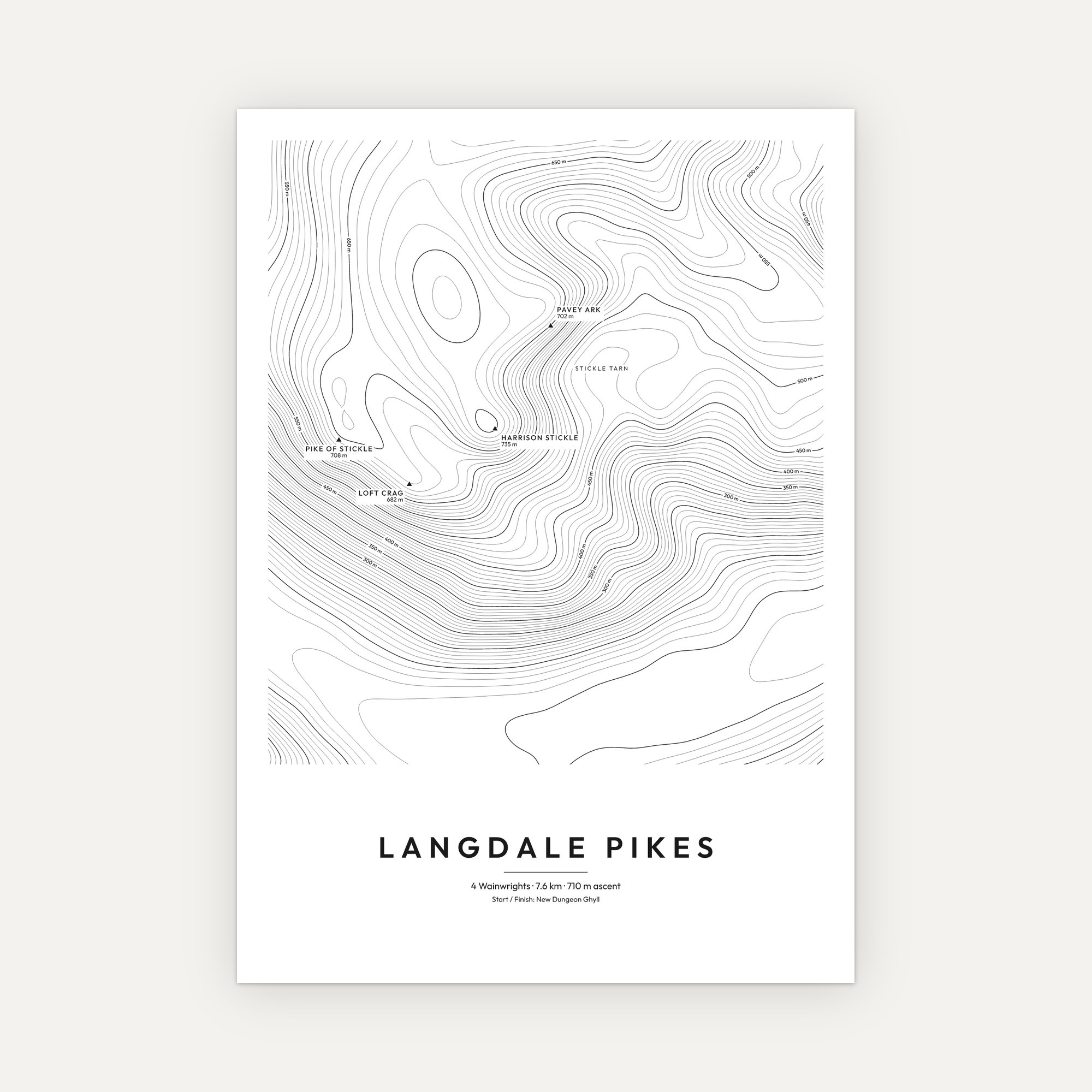 Langdale Pikes contour map print, Minimal style