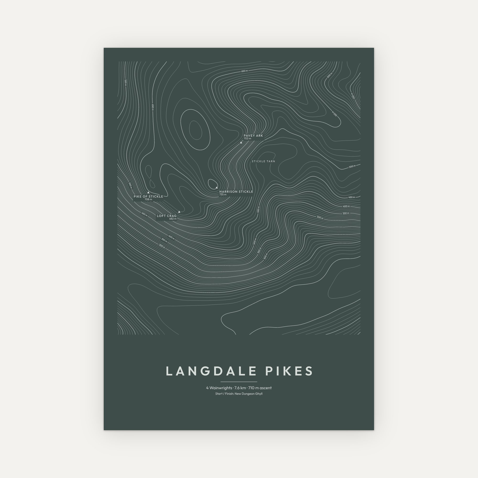 Langdale Pikes contour map print, Slate style
