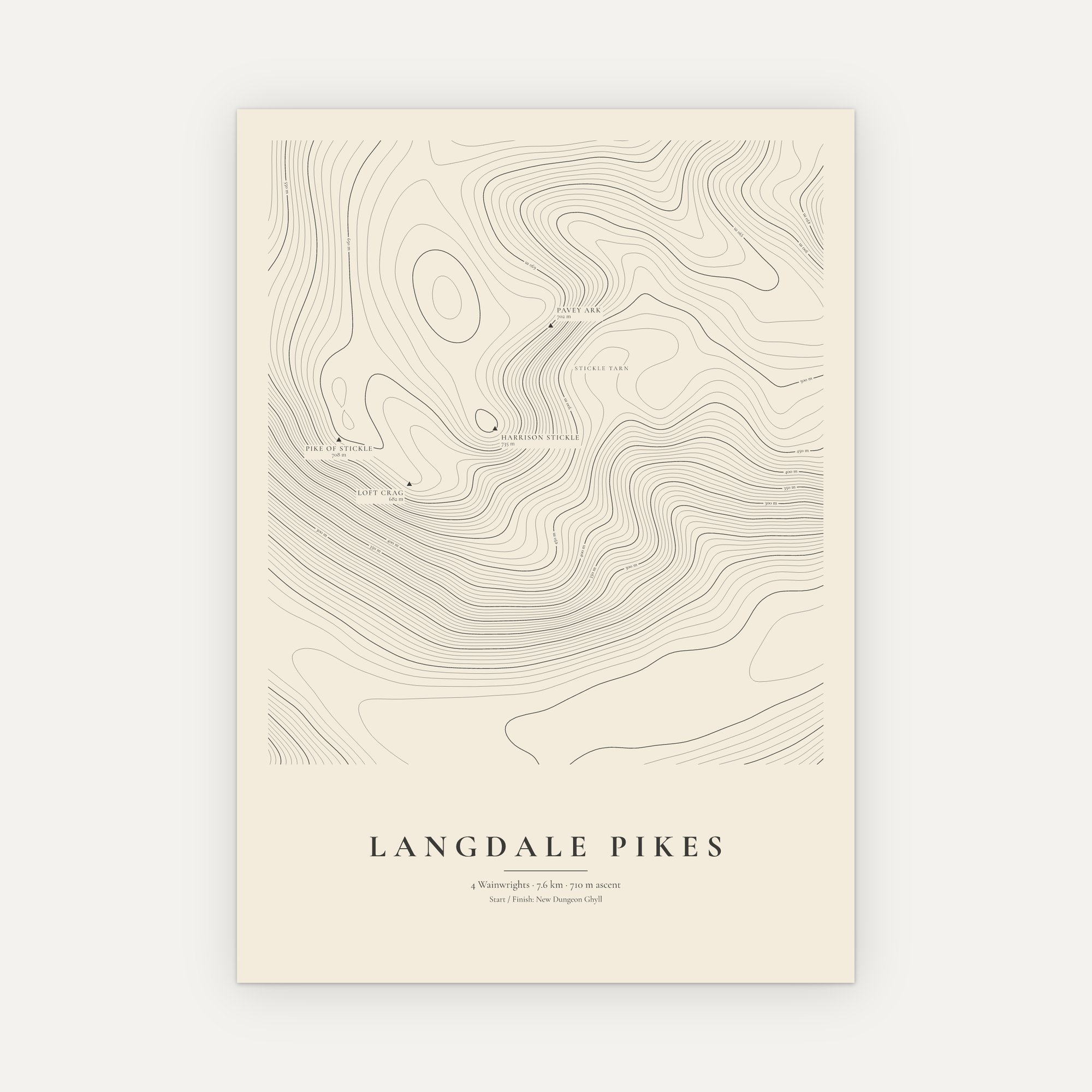 Langdale Pikes contour map print, Vintage style
