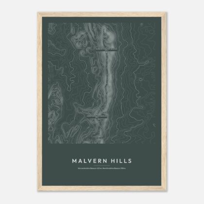 Malvern Hills contour map print, Slate style, in a natural wood frame