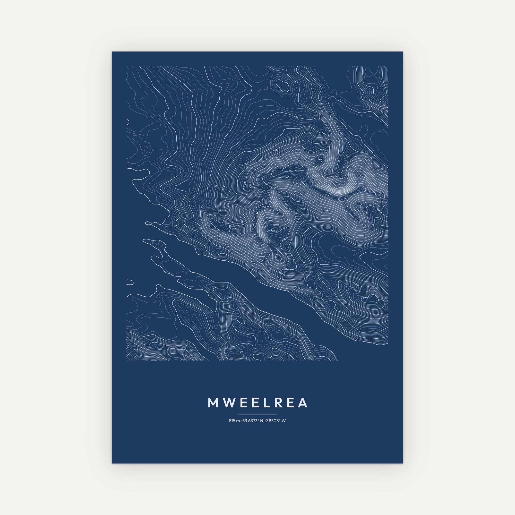 Mweelrea contour map print, Blueprint style