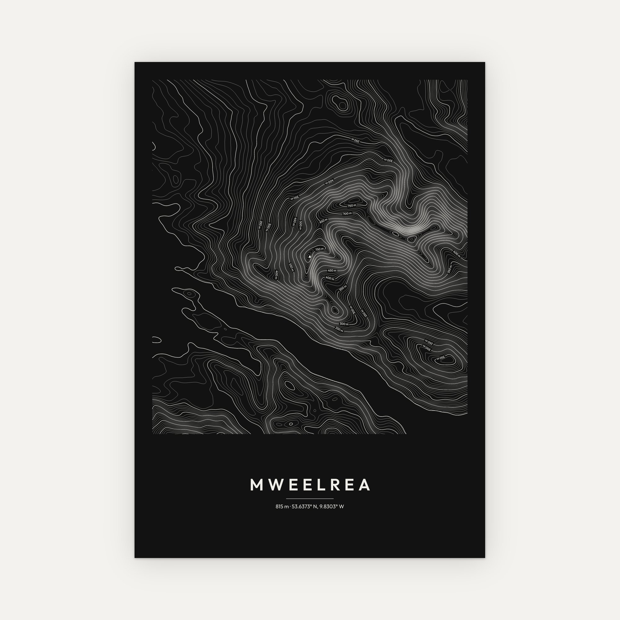 Mweelrea contour map print, Dark style