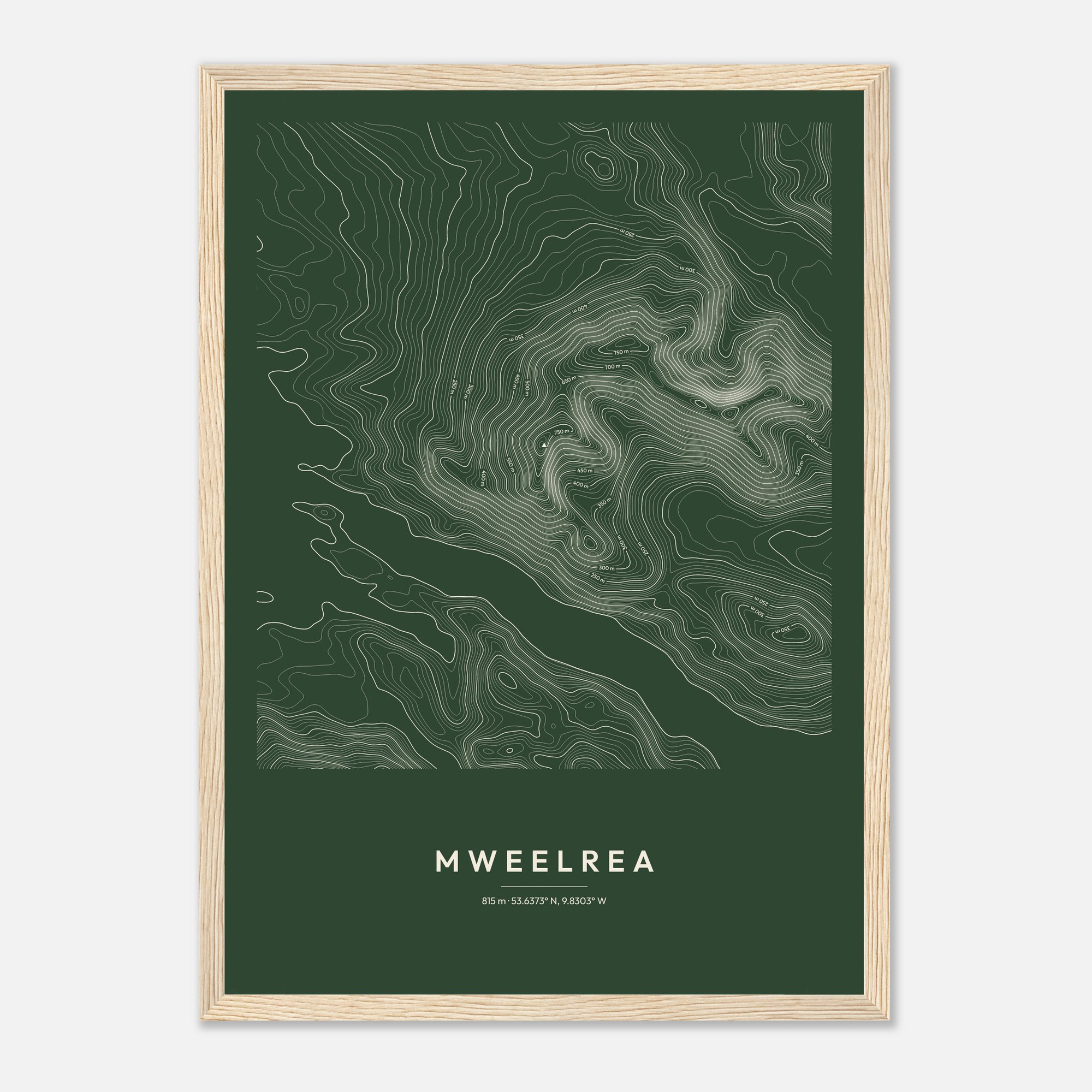 Mweelrea contour map print, Forest style, in a natural wood frame