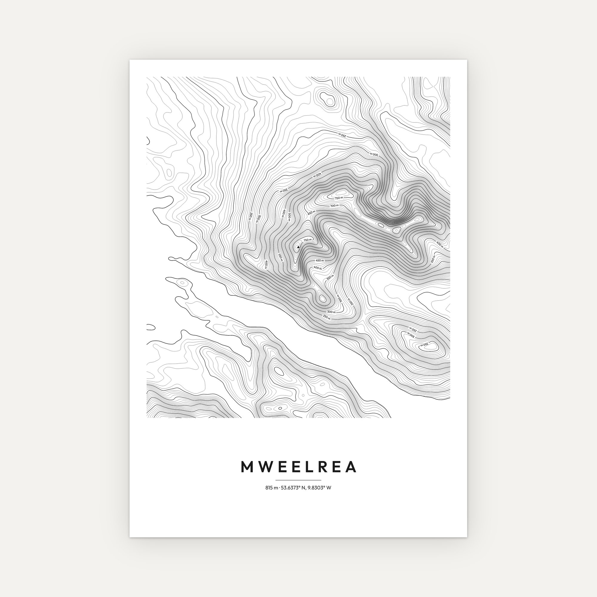 Mweelrea contour map print, Minimal style