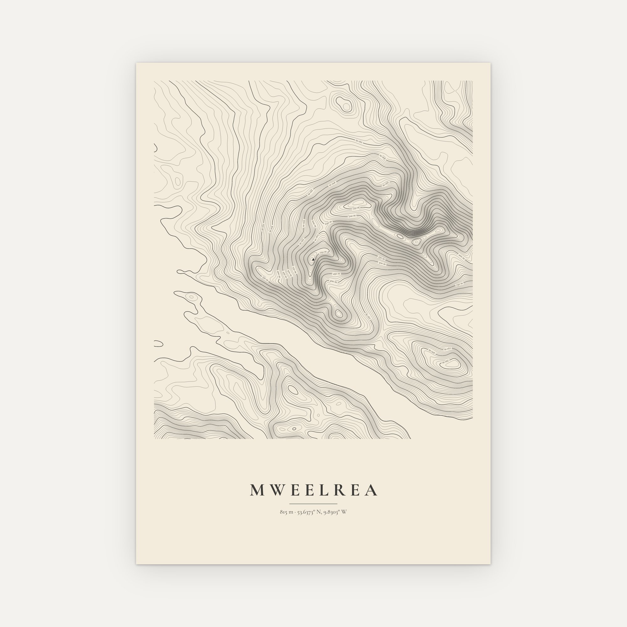 Mweelrea contour map print, Vintage style