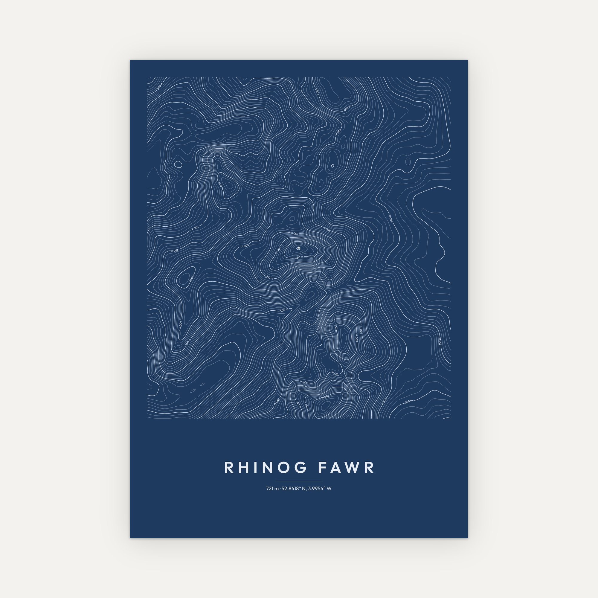 Rhinog Fawr contour map print, Blueprint style