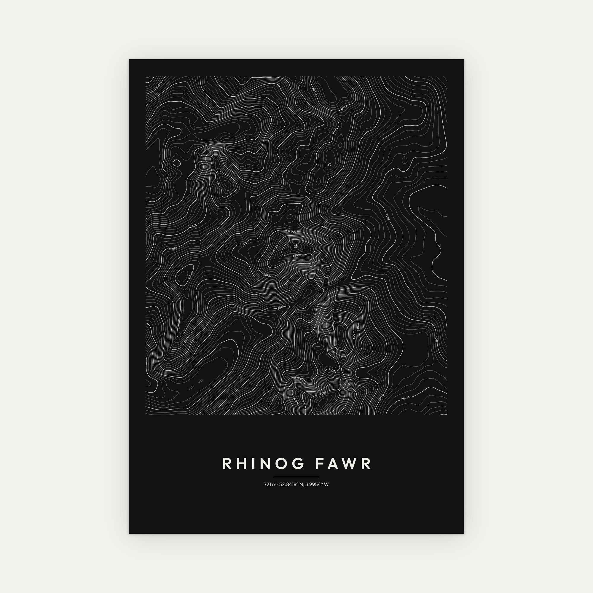 Rhinog Fawr contour map print, Dark style
